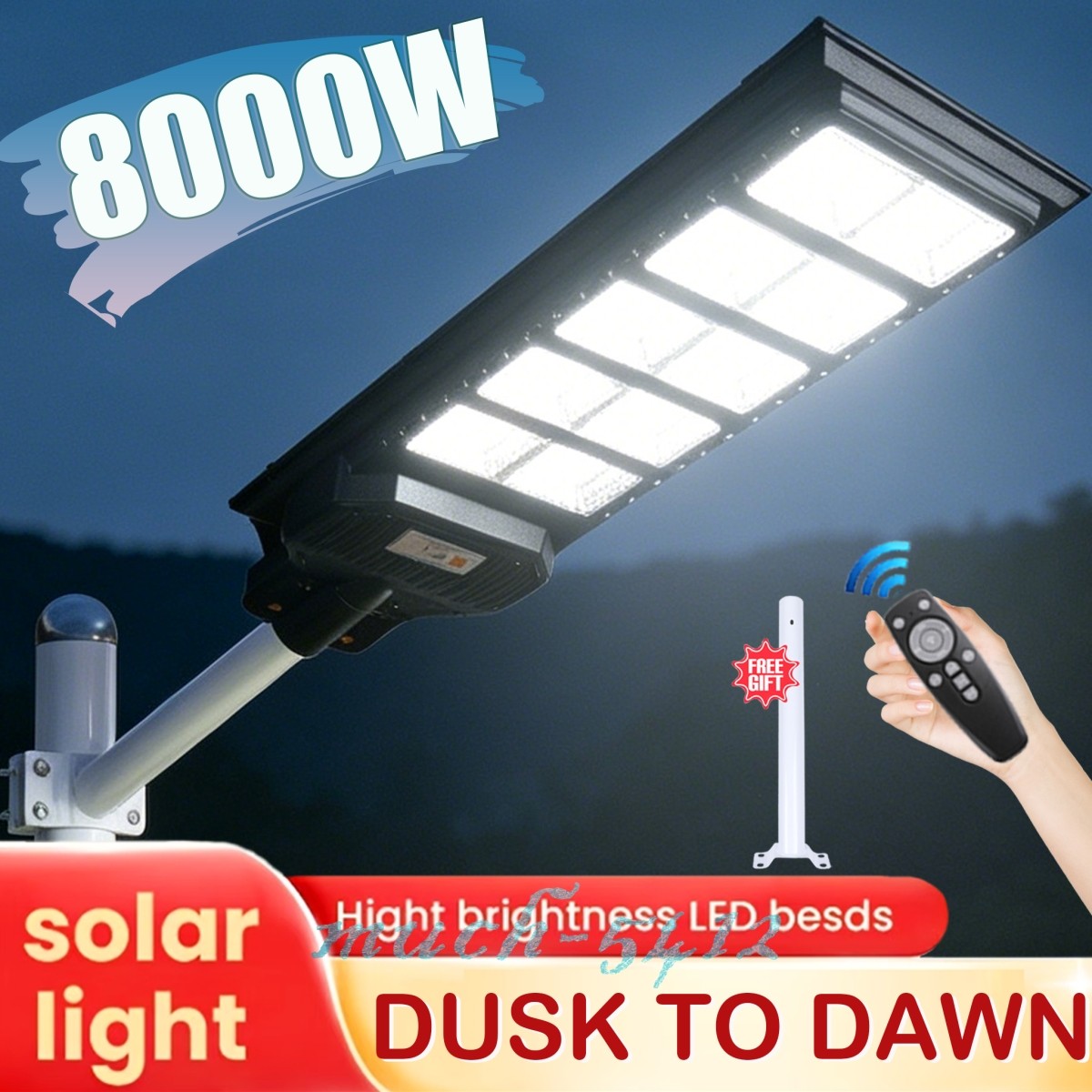 900000000LM Commercial 8000W LED Solar Street Light Dusk to Dawn Road Lamp +Pole