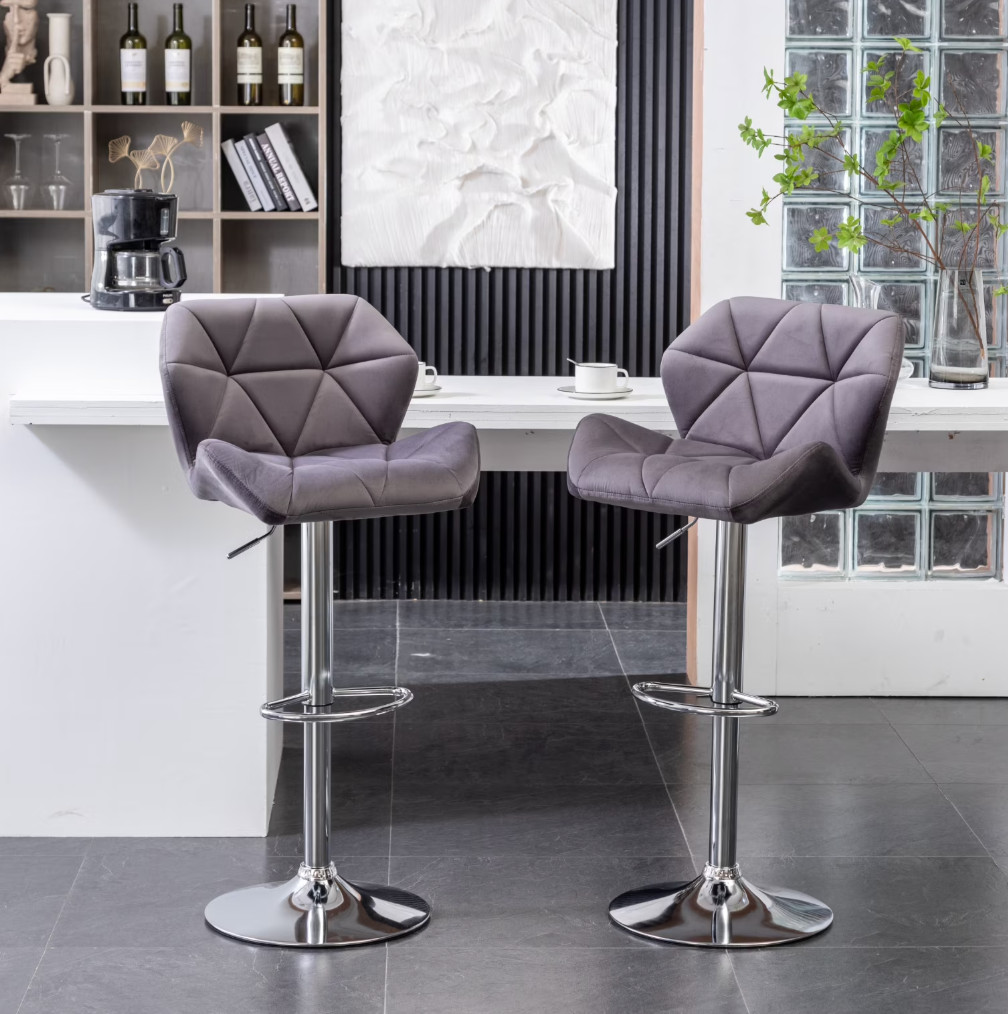 Set 2 Velvet Swivel Bar Stools Adjustable Height Gray Bancos Giratorios NEW