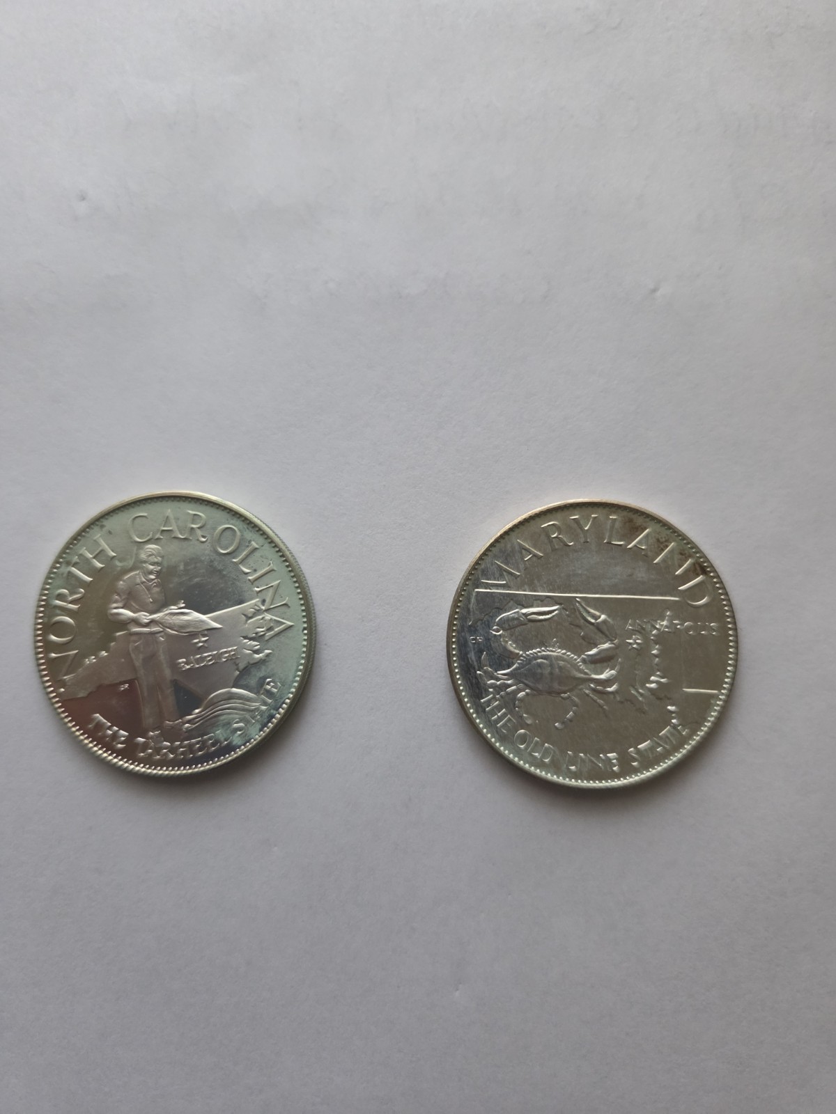Franklin Mint N. Carolina & Maryland Silver Medals.  28 Grams .925 Silver Total.