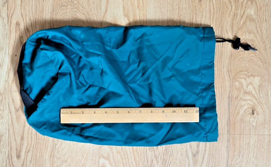 Outdoor Products green nylon stuff bag; Laid flat: 16" tall x 10" wide