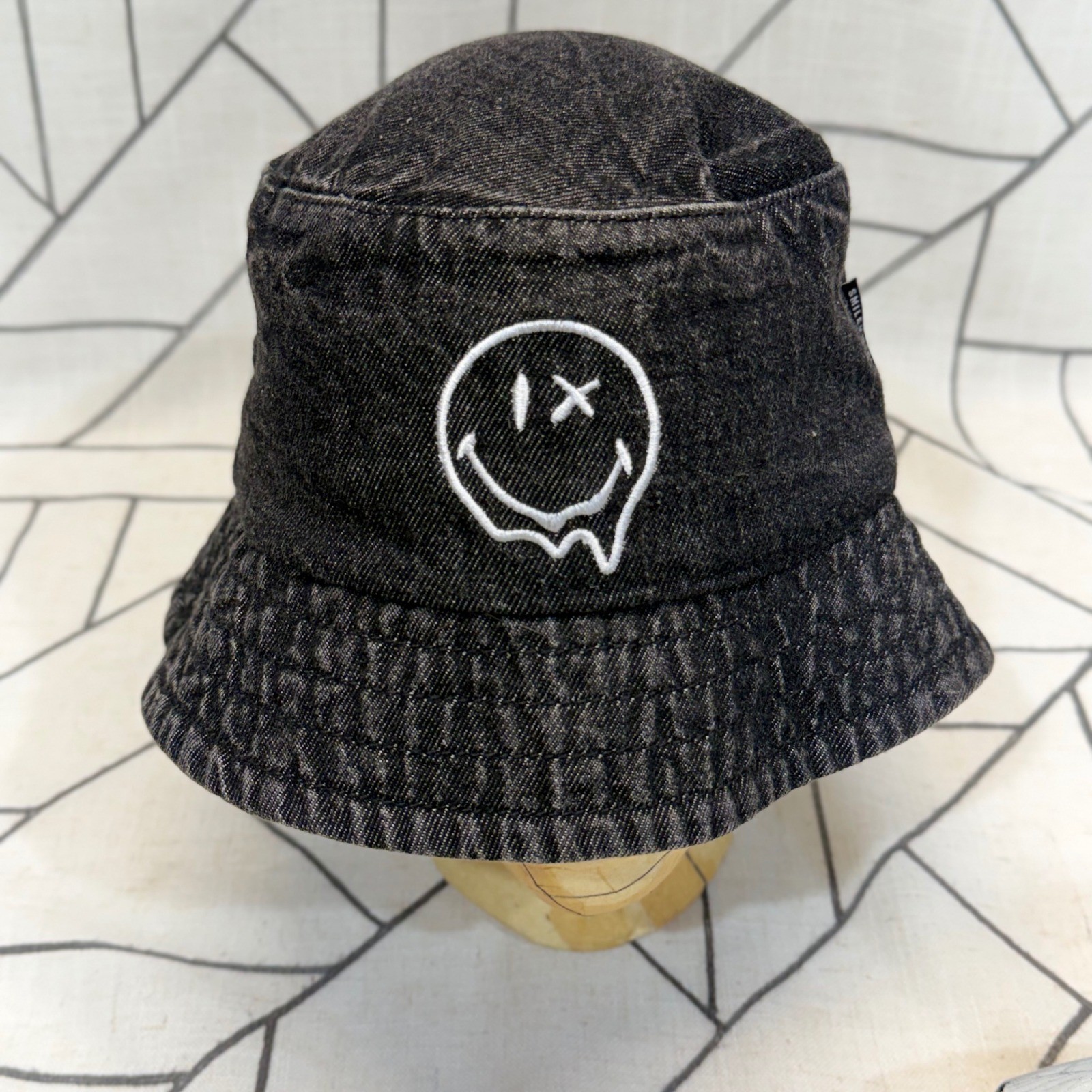 H&M Bucket Hat 8/14 Black Denim SmileyWorld Melting Face Embroidery