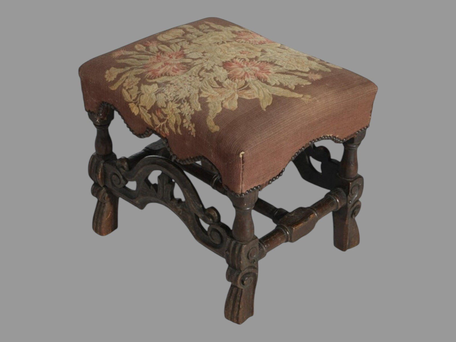 Antique English Carved Oak Footstool Bench with Floral Tapestry Seat