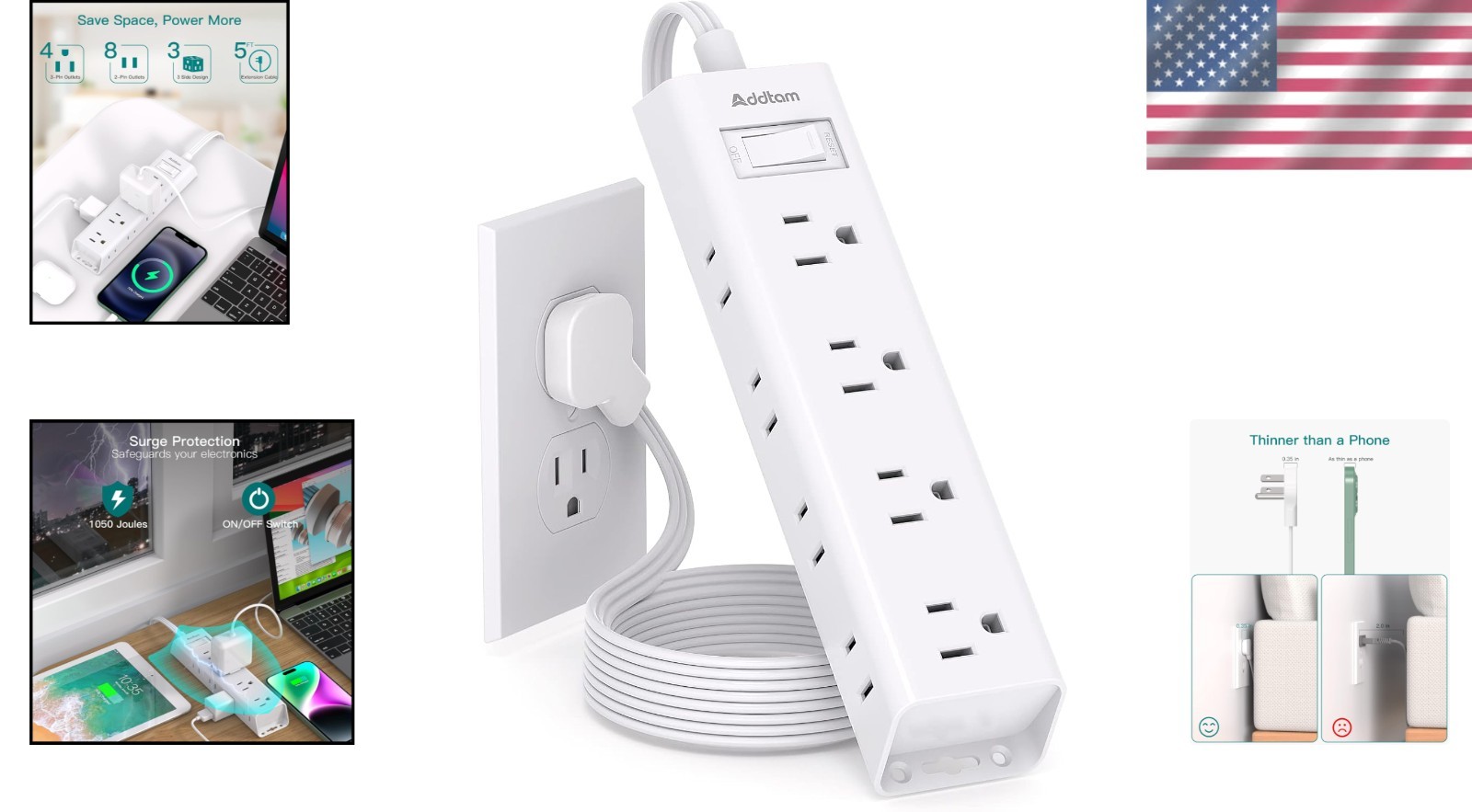 Compact 12-Outlet Flat Plug Power Strip, Wall Mountable with 3 USB Ports