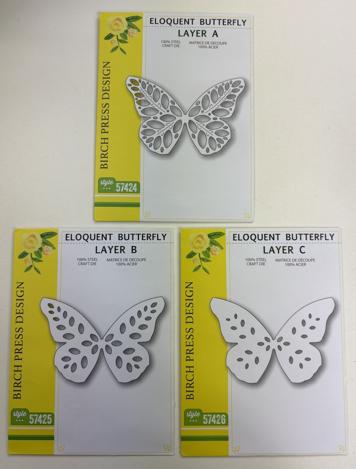 Birch Press Design Eloquent Butterfly 3 Layer Die Set Styles 57424 57425 57426
