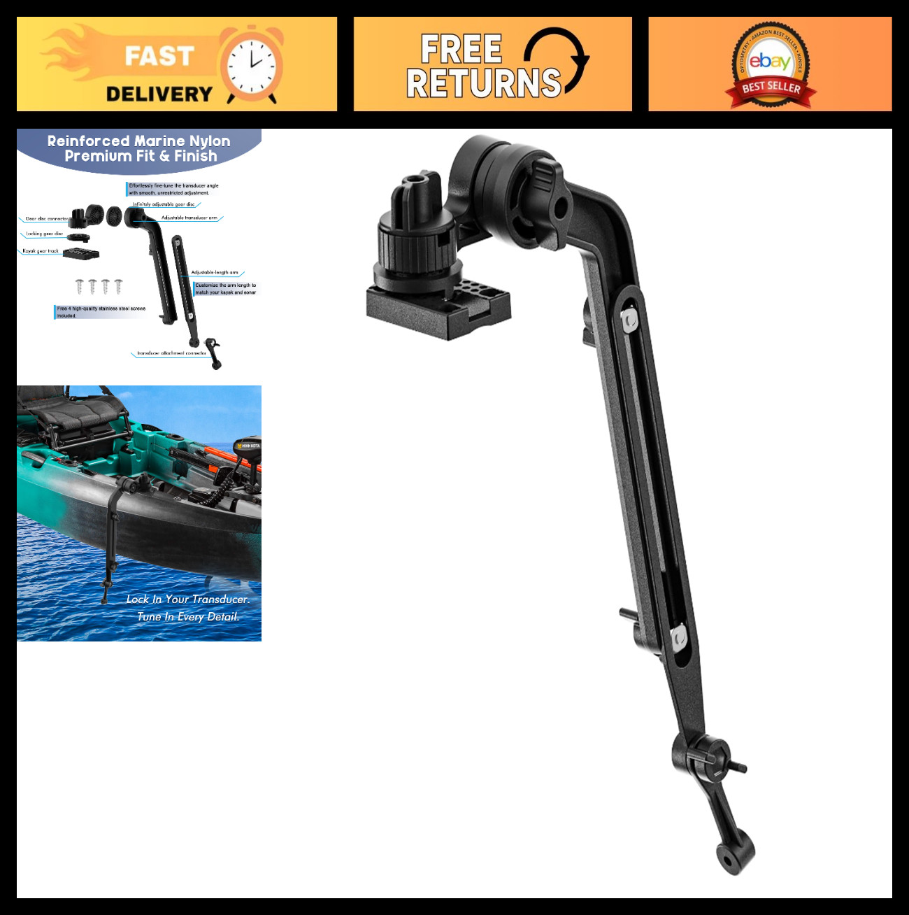 Adjustable Universal Kayak Fish Finder Mount with Transducer Arm, Tool-Free Rail