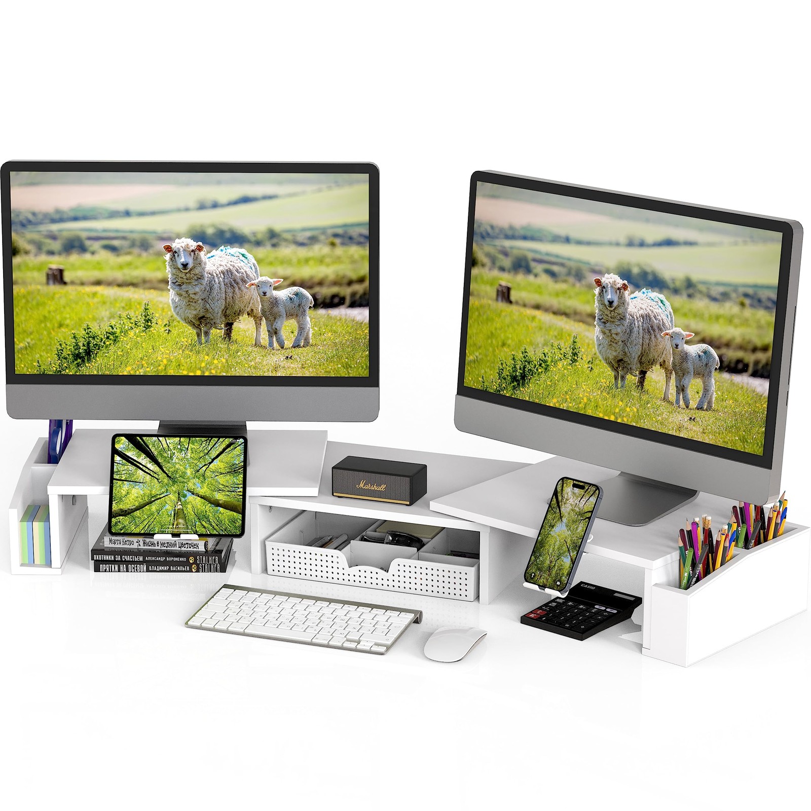 Desk Dual Monitor Stand Riser with Drawer, White