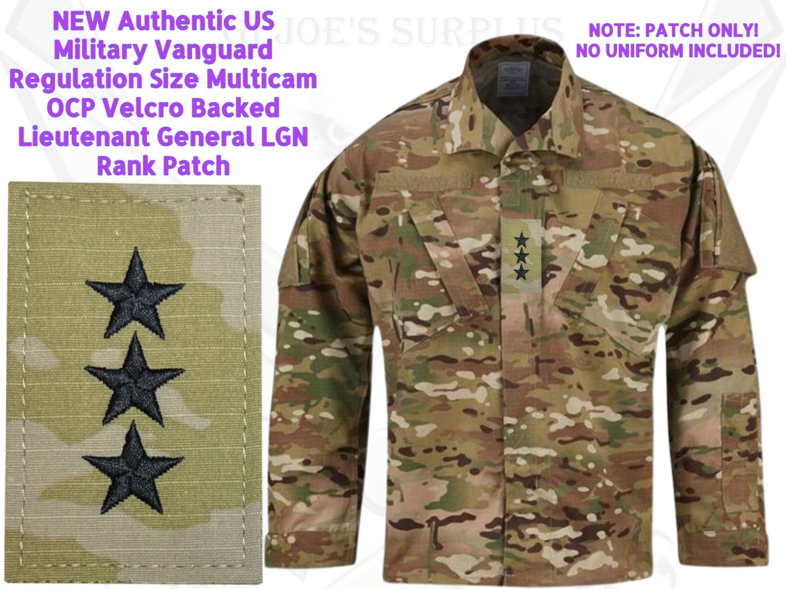 Military Multicam OCP Uniform 3-Star Lt General VELCRO® Brand Vertical Rank 3G4