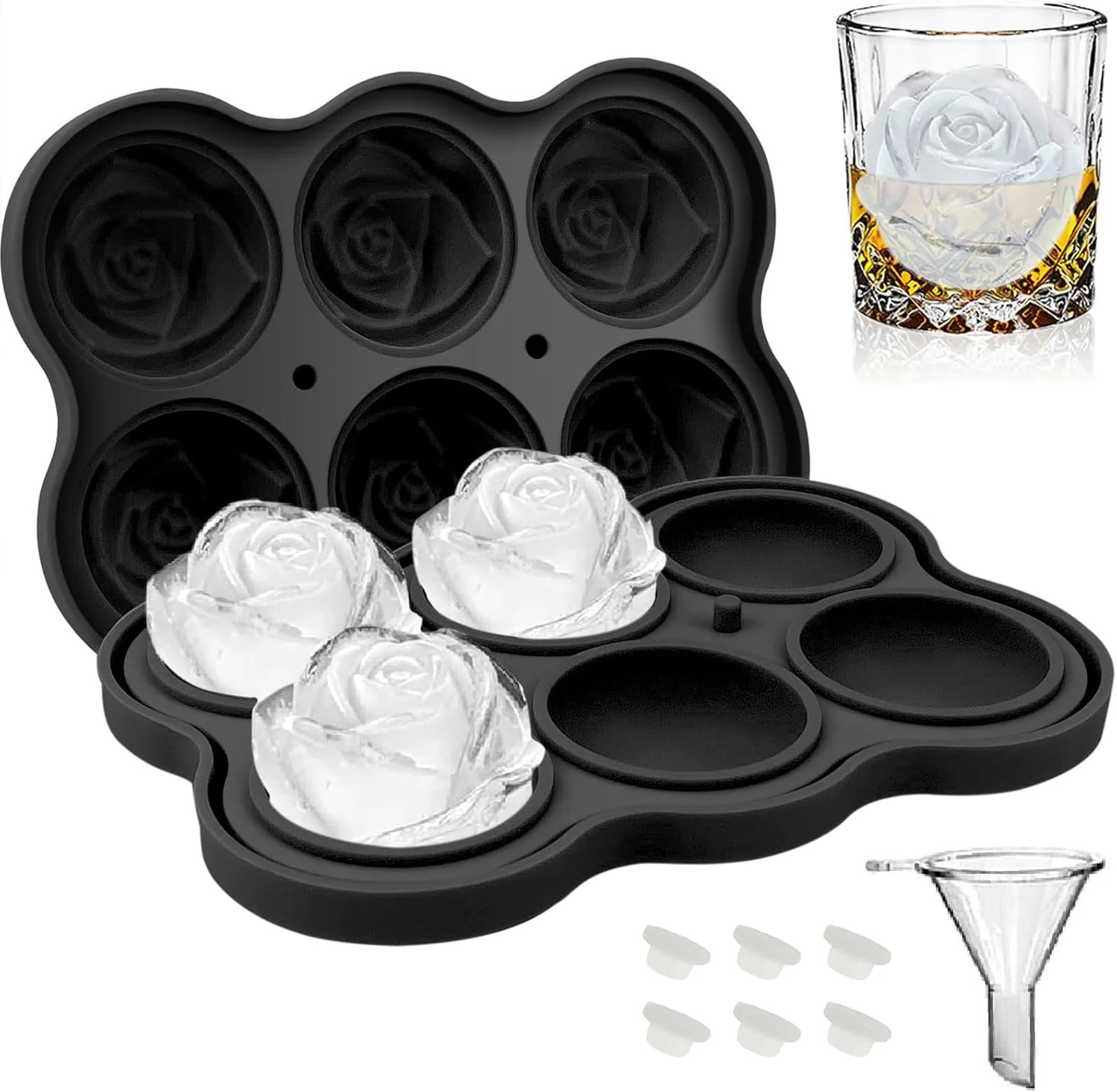 Rose Ice Cube Tray 2 Inch [1 Mold + 1 Funnel + 6 Stoppers], 6 Cavity Sil