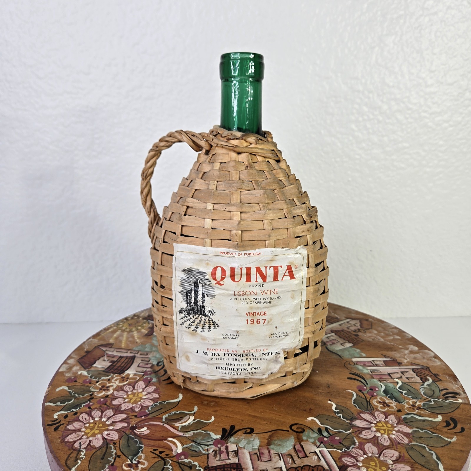 VTG Quinta Lisbon Wine Bottle Green Glass Wicker Wrapped Portugal 1967 Decor