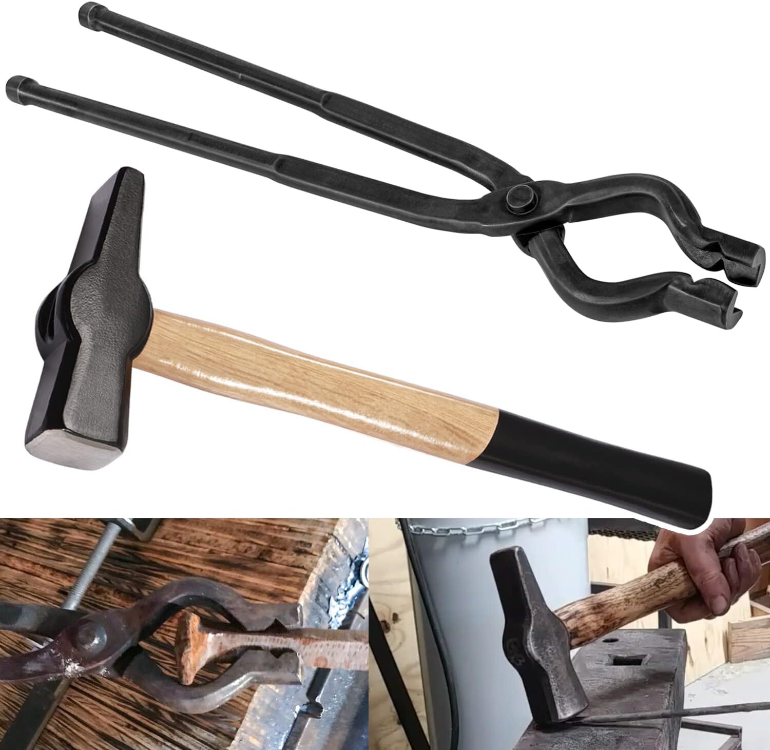 17” V-Bit Bolt Tongs 1.5KG 3.3LB Blacksmith Hammer Kit Tongs and Hammer Tool Set