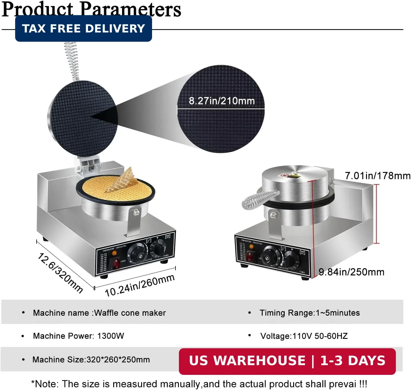 1300W Commercial Waffle Cone Maker Ice Cream Cone Machine Temp Timer Control