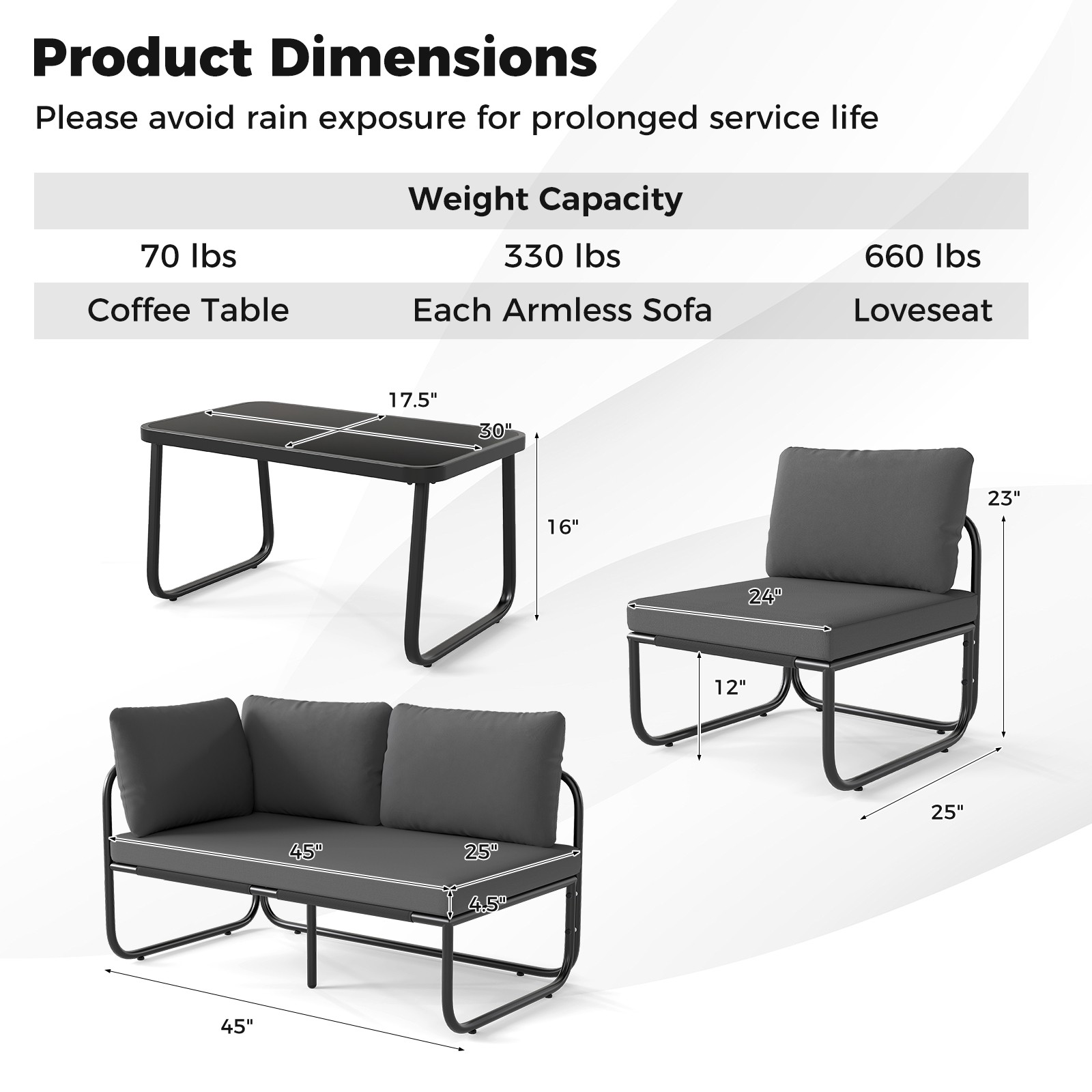 4 PCS Patio Furniture Set w/Cushions & Tempered Glass Coffee Table for Garden