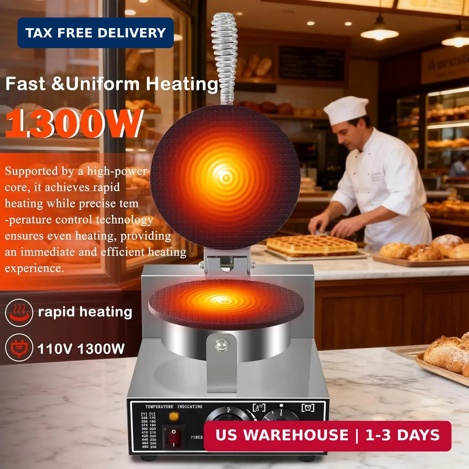 1300W Commercial Waffle Cone Maker Ice Cream Cone Machine Temp Timer Control