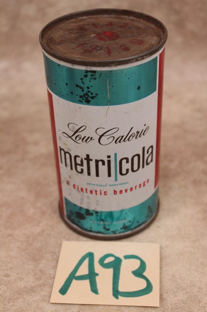A93G VINTAGE STEEL METRI COLA LOW CALORIE SODA POP PULL TOP TAB CAN 12 OZ