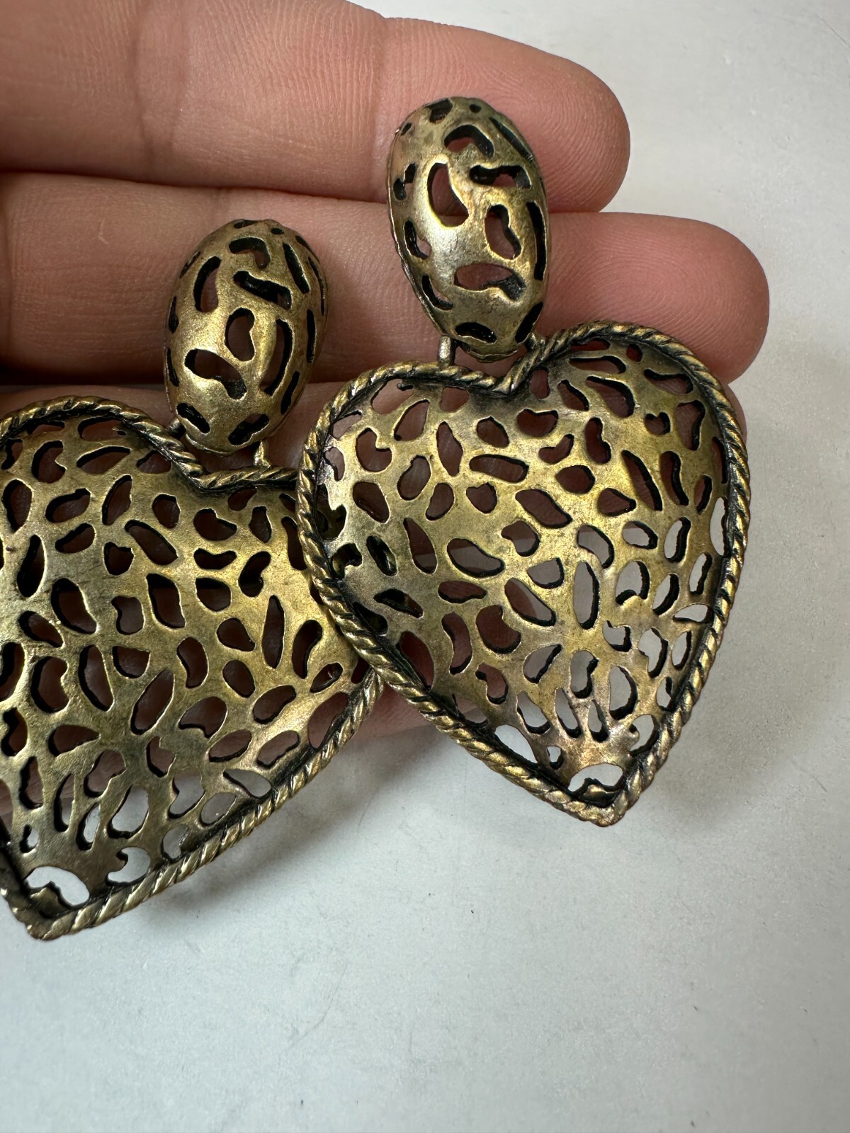 Vintage Earrings Pierced Heart Dangle Openwork Large Statement Metal