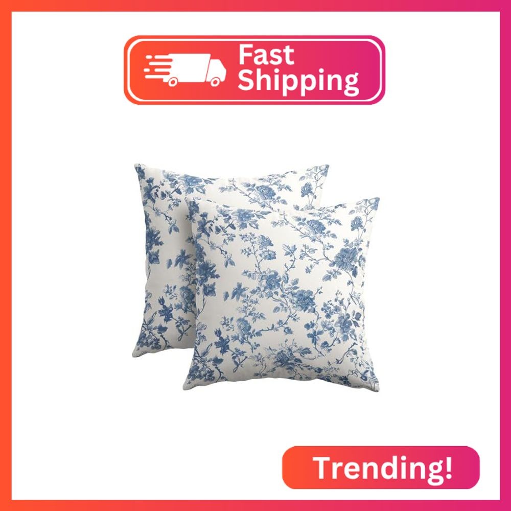 Kawani Blue Floral Pillow Covers 20x20 Inch Set of 2 Blue and Cream Chinoiserie