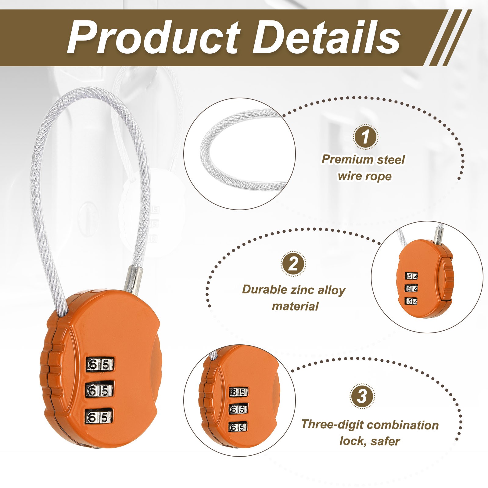 2-Pack Combination Padlock, 3 Digit Round Shaped Cable Luggage Lock [Orange]
