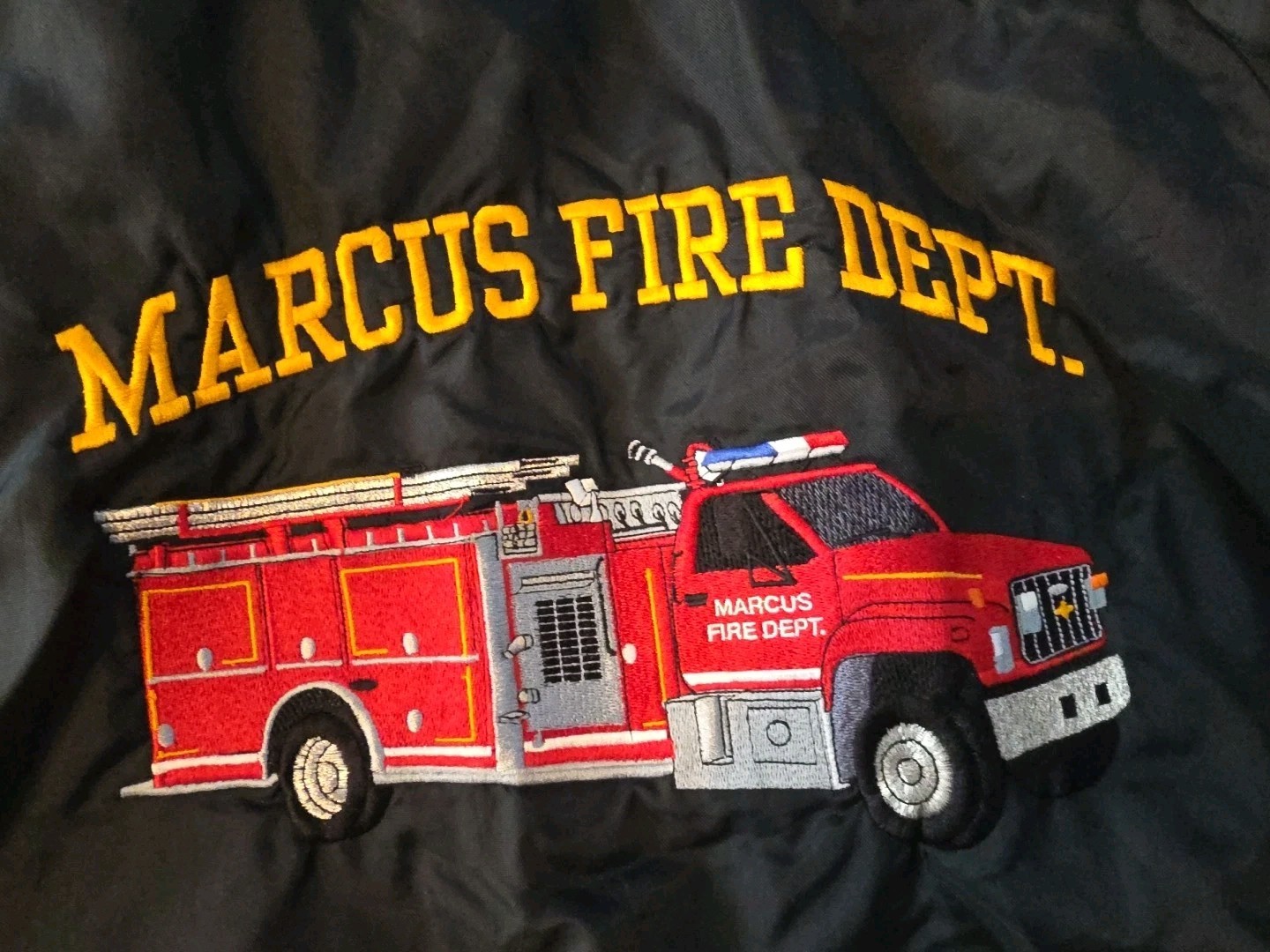 Marcus Fire Dept Bomber Jacket Embroidered Satin  USA Size *2XL Vintage "Russ"