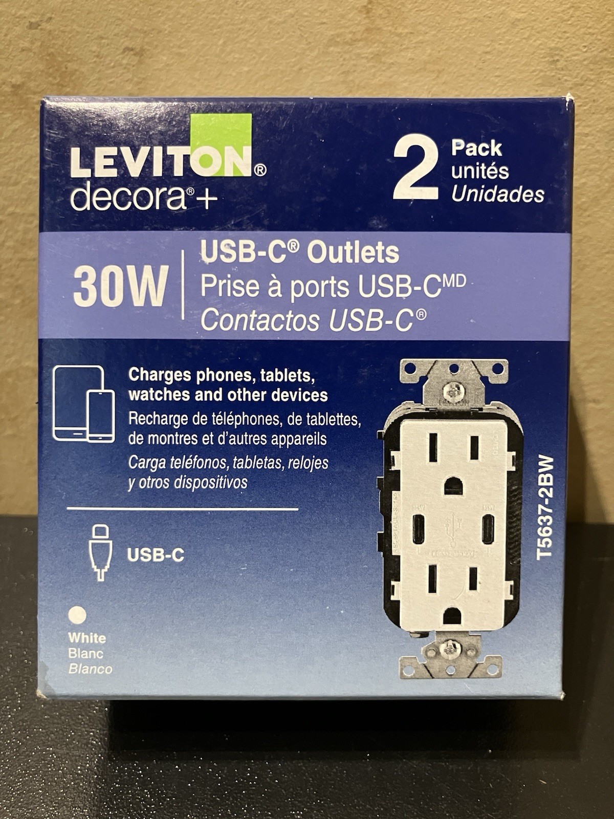 Leviton USB-C Outlets 30W T5637-2BW 6A USB Charger 15A-125V AC/CA White (2 Pack)