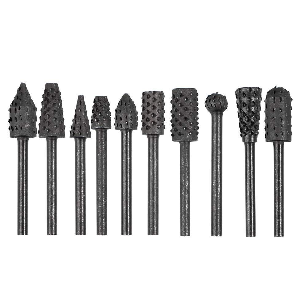 10Pcs 1/8''(3mm) Shank Rotary Burr Rasp Set, Carbon Steel Wood Carving File Rasp