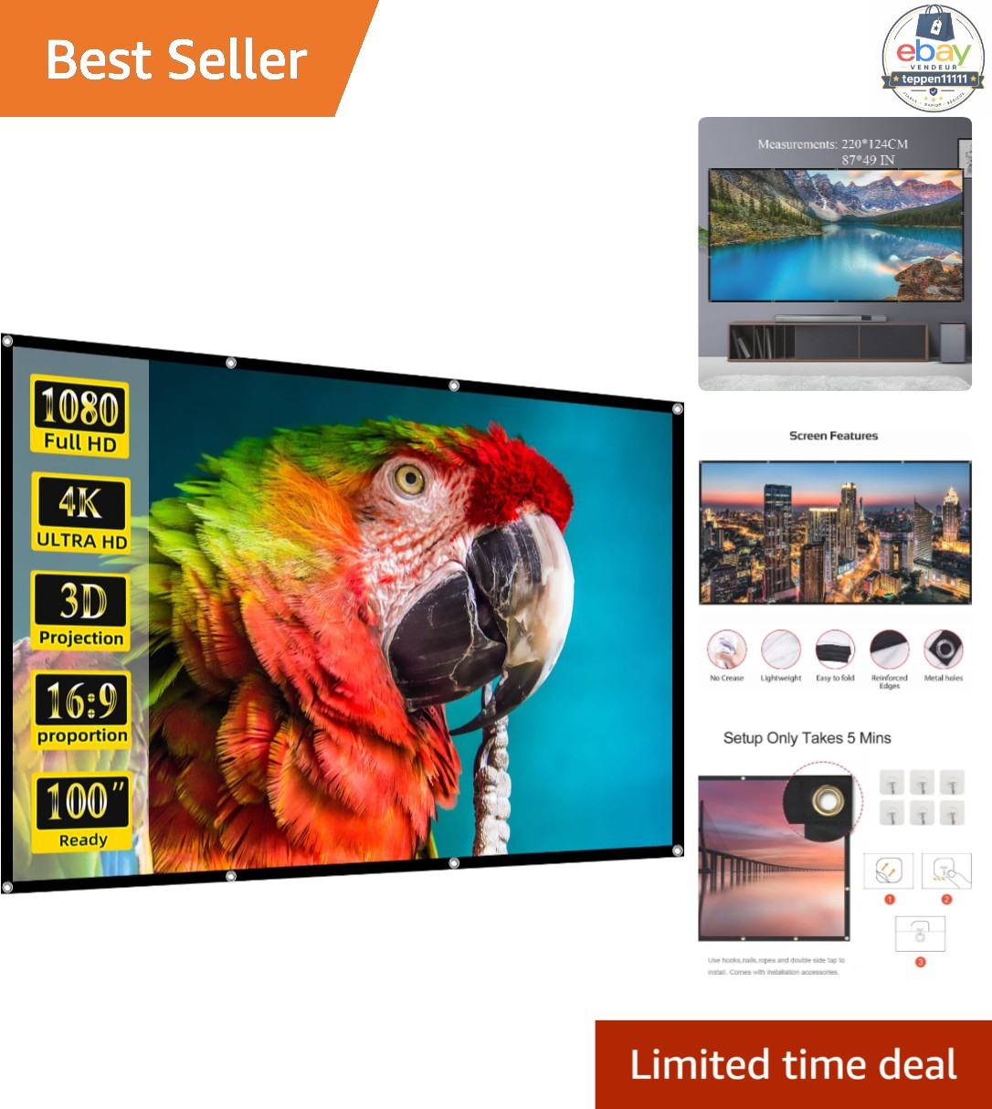 Projector Screen 100 inch Foldable Portable Home Theater Indoor Outdoor