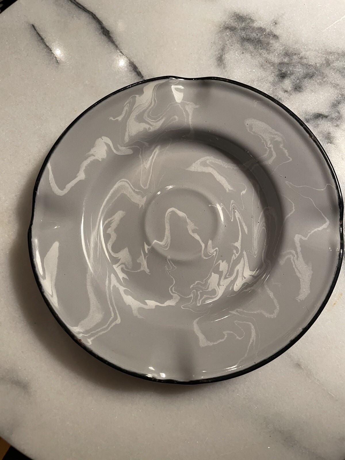 RARE* Vintage Graniteware  Enamelware Ashtray Gray White Swirl Marble Black Trim