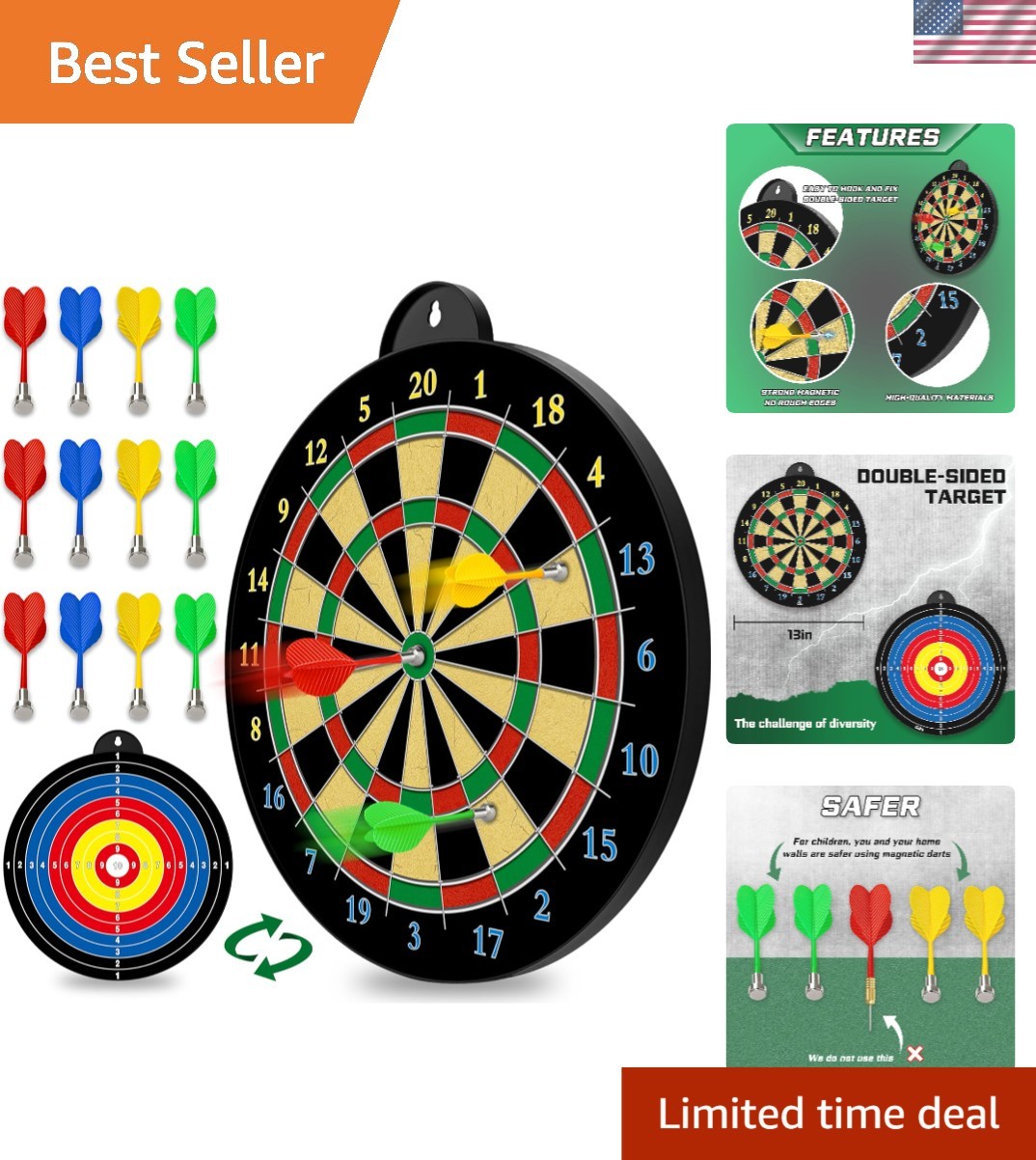 Double-Sided 13.5-Inch Magnetic Dart Board - Fun Indoor and Outdoor Family Game