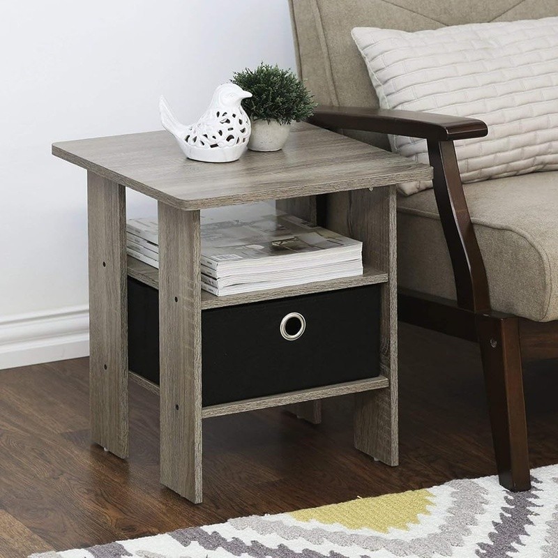 Modern Side Table Set of 2 End Tables W/ Open Shelves Storage Bin Organization