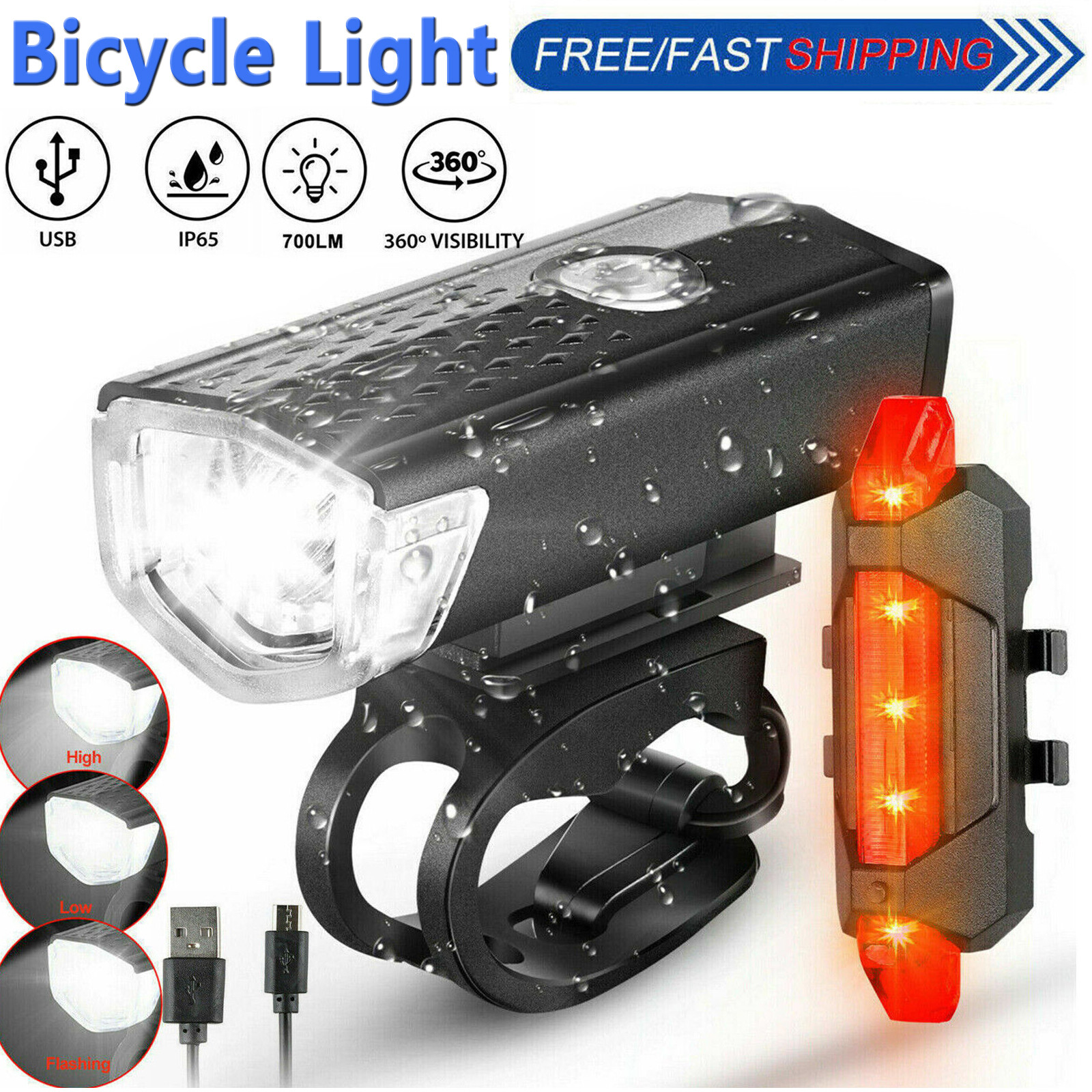USB Rechargeable LED Bicycle Headlight Waterproof Bike Front Rear Lamp Cycling
