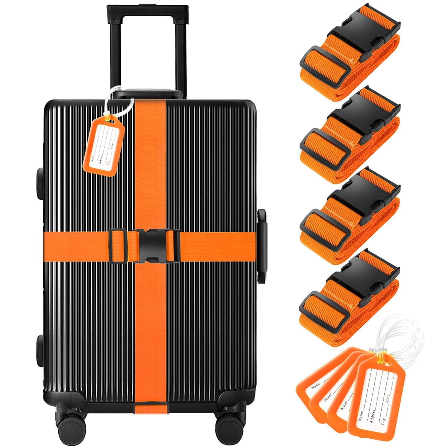 8 Pack Luggage Straps and Tags Set - 4 Straps, 4 Tags, Suitcase Belt