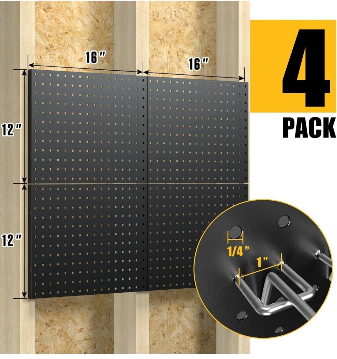 Peg Board, 4 Pack Metal Pegboard Panels without Hooks, Black Pegboards Wall...
