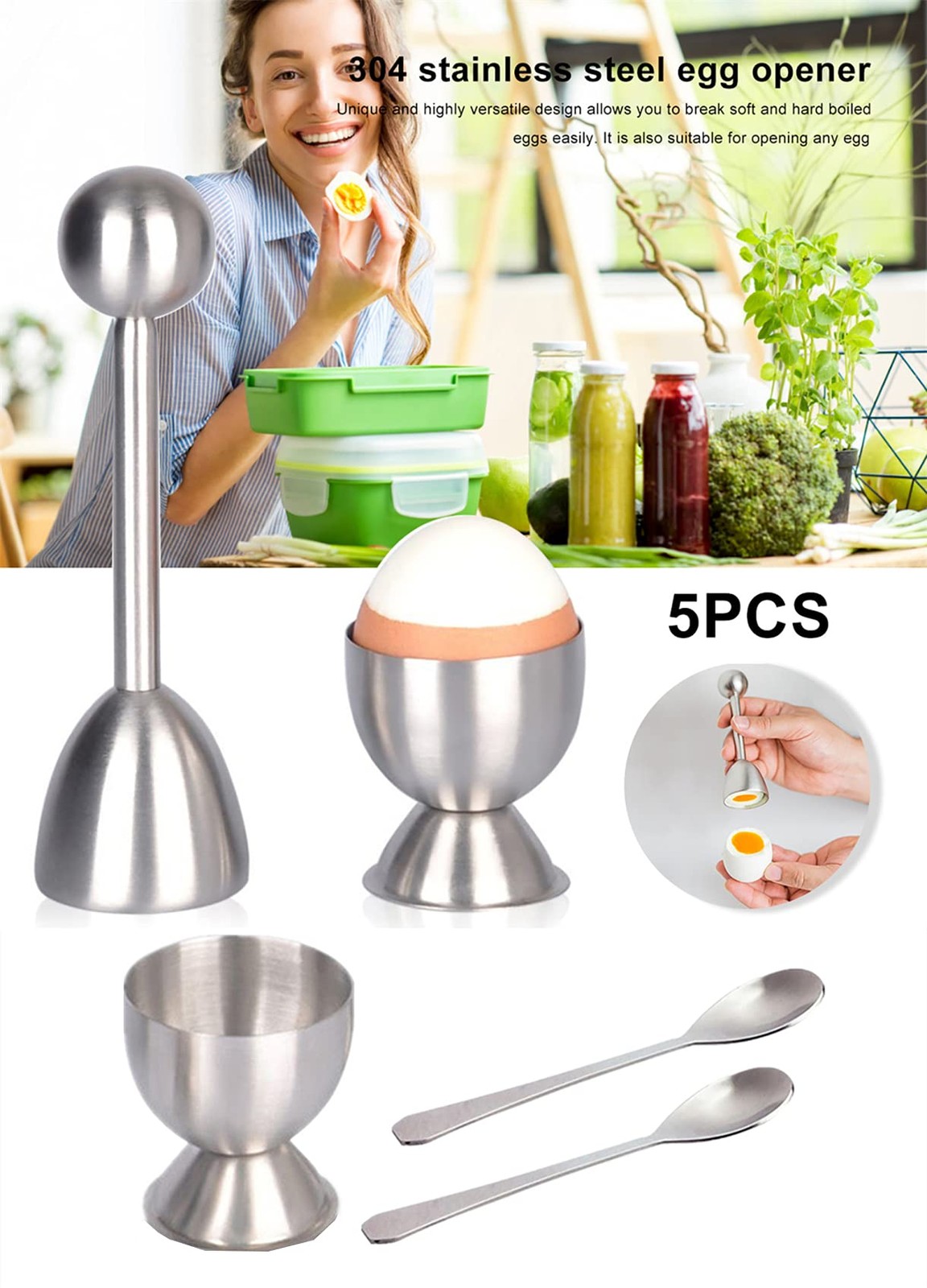 Xicennego Egg Cracker Topper Set of 5 - Includes 2 Cups, 2 Spoons Silver