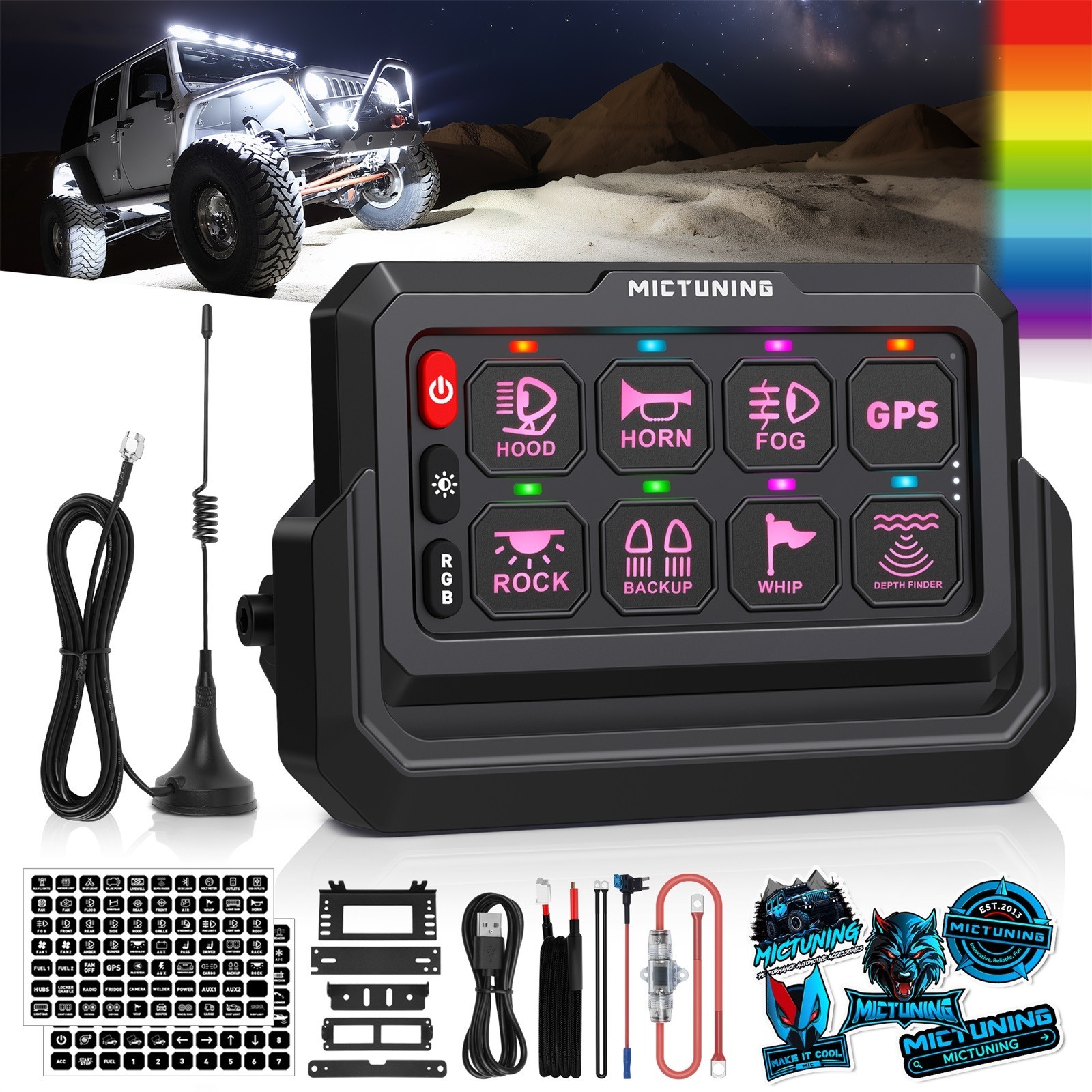 MICTUNING RGB 8 Gang Wireless Switch Panel, Circuit Control Relay System Box