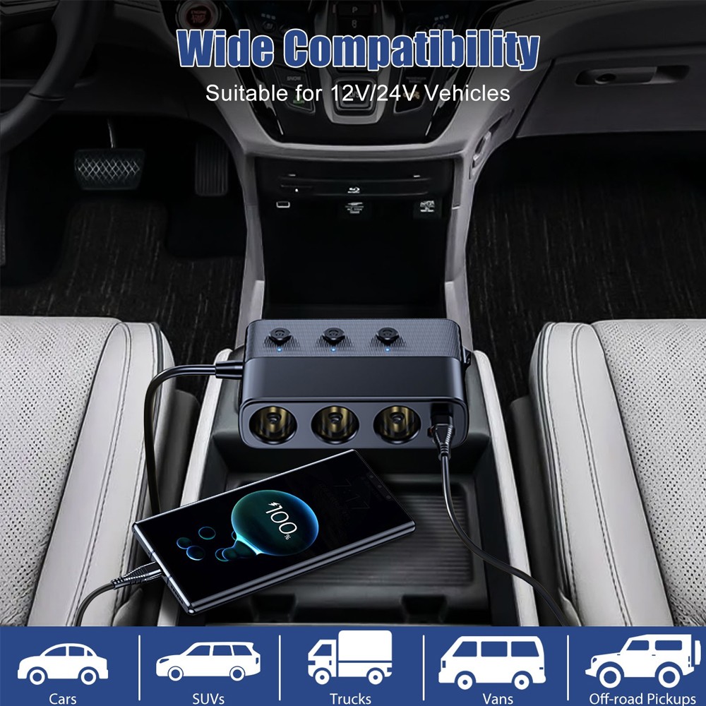 3 Way Car Cigarette Lighter Socket Splitter USB Fast Charger Power Adapter 12V