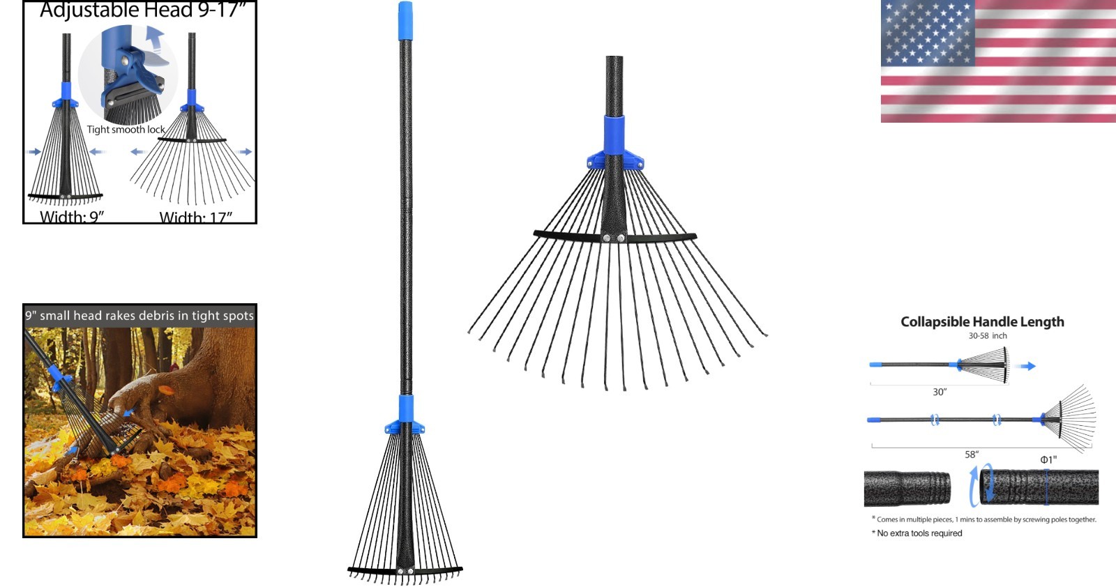 Expandable Rake with Long Handle for Easy Yard Work - From Pine Straw to Leaves