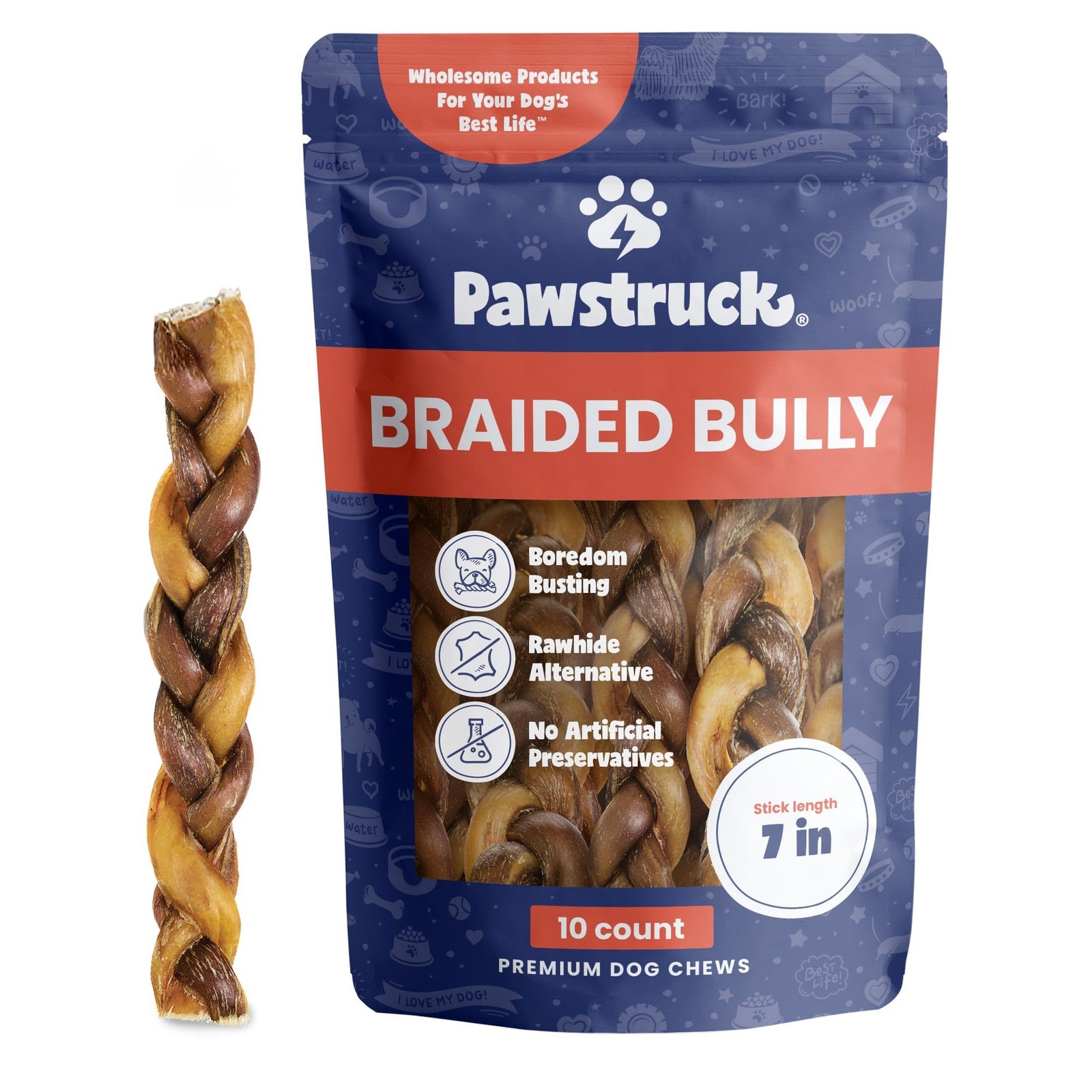 Pawstruck Natural 7” Braided Bully Sticks for 10 Count (Pack of 1), Brown
