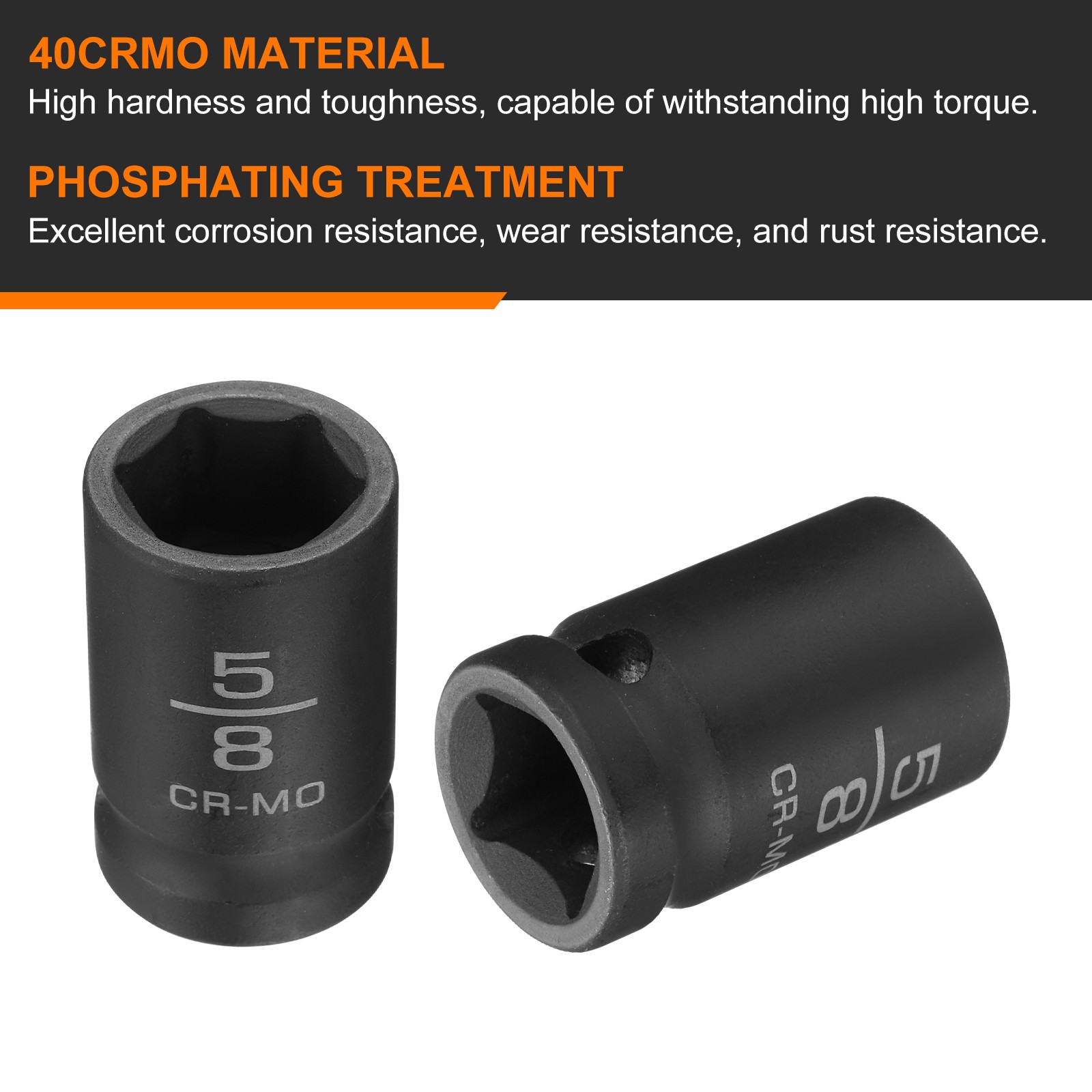 2pcs 6 Point Impact Socket 5/8" Socket 1/2" Square Drive 1.5" Long 40CRMO,