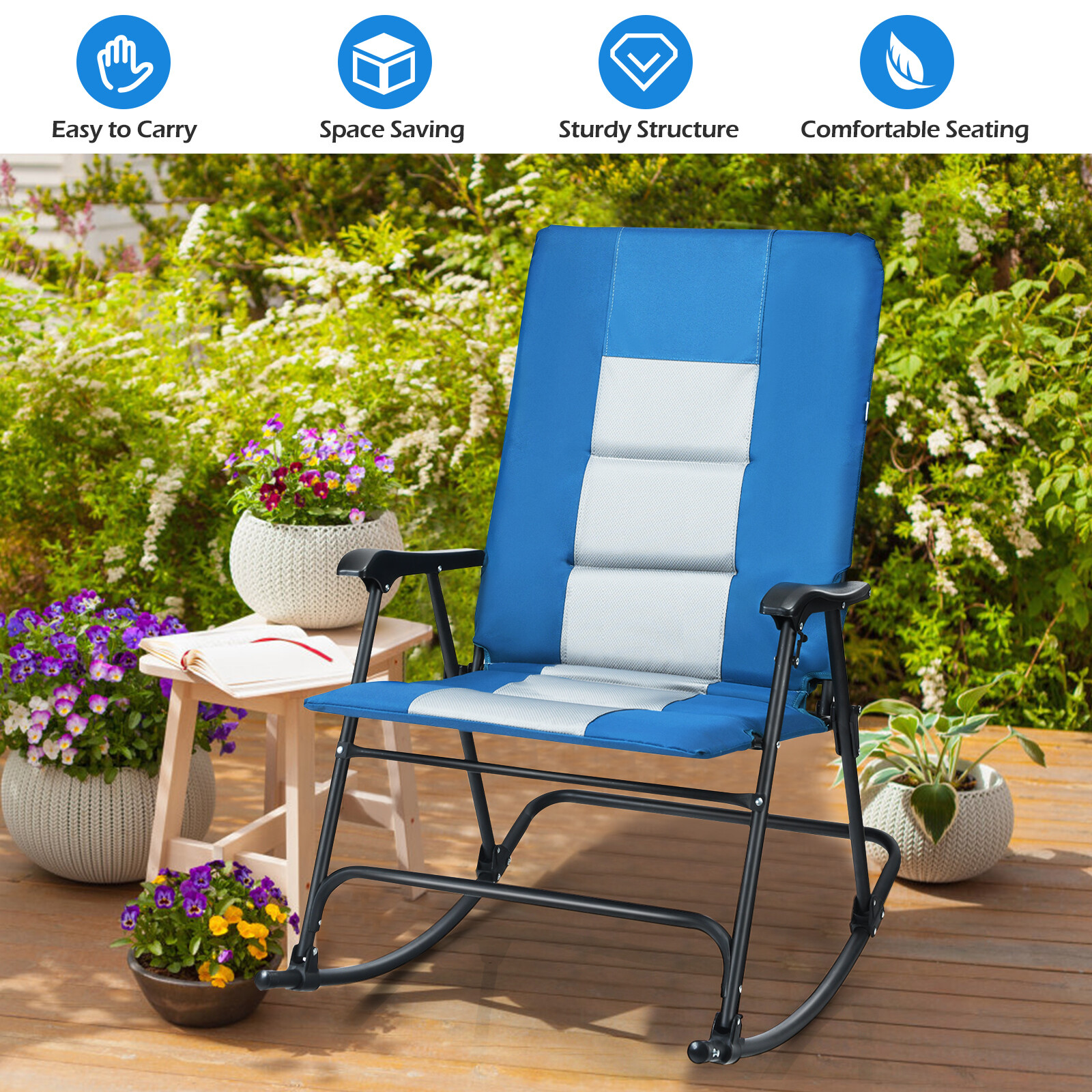 Foldable Rocking Padded Chair Portable Camping Chair with Backrest Armrest Blue