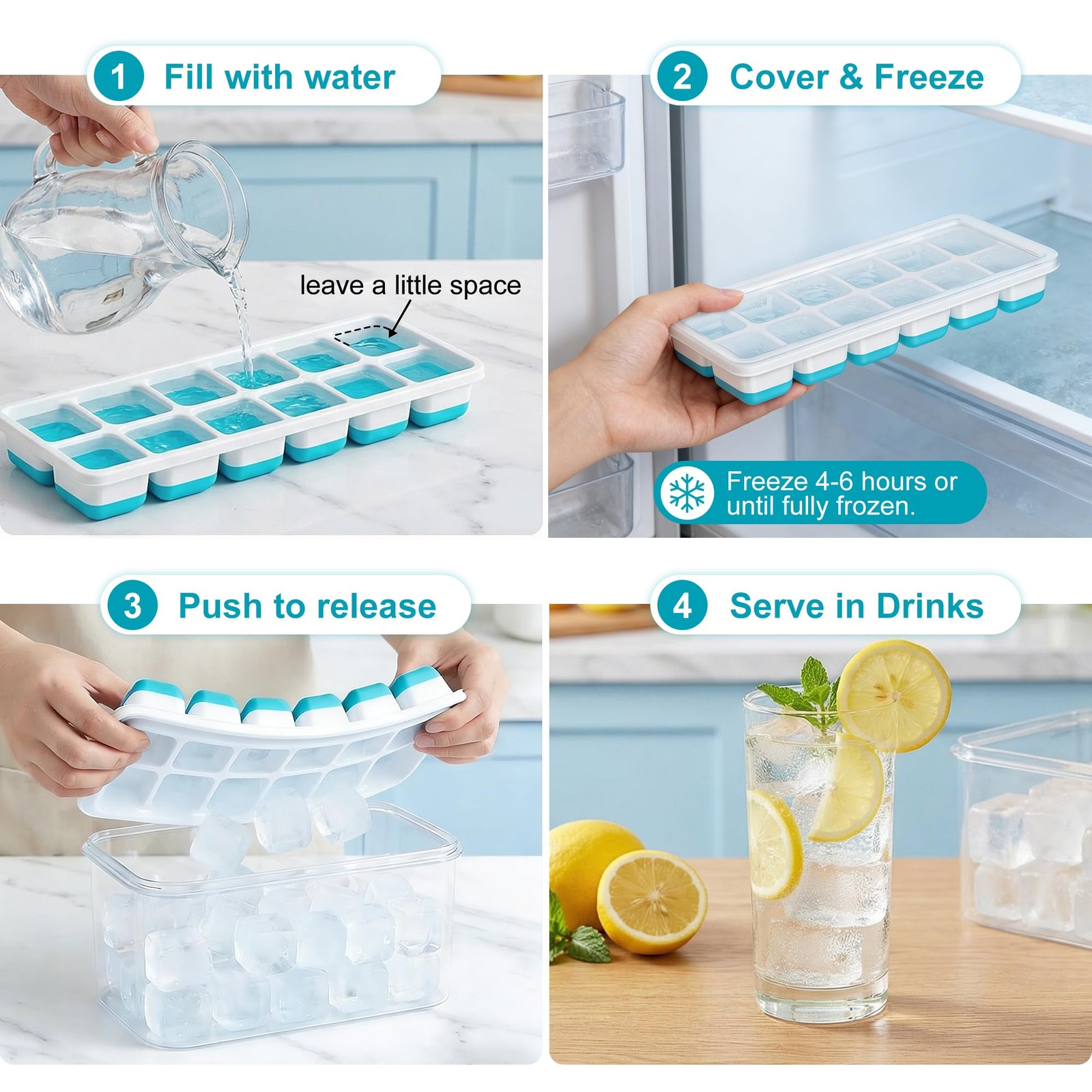 NFK Ice Cube Tray with Lid & Bin - 4 Pack Stackable Silicone Trays for Blue