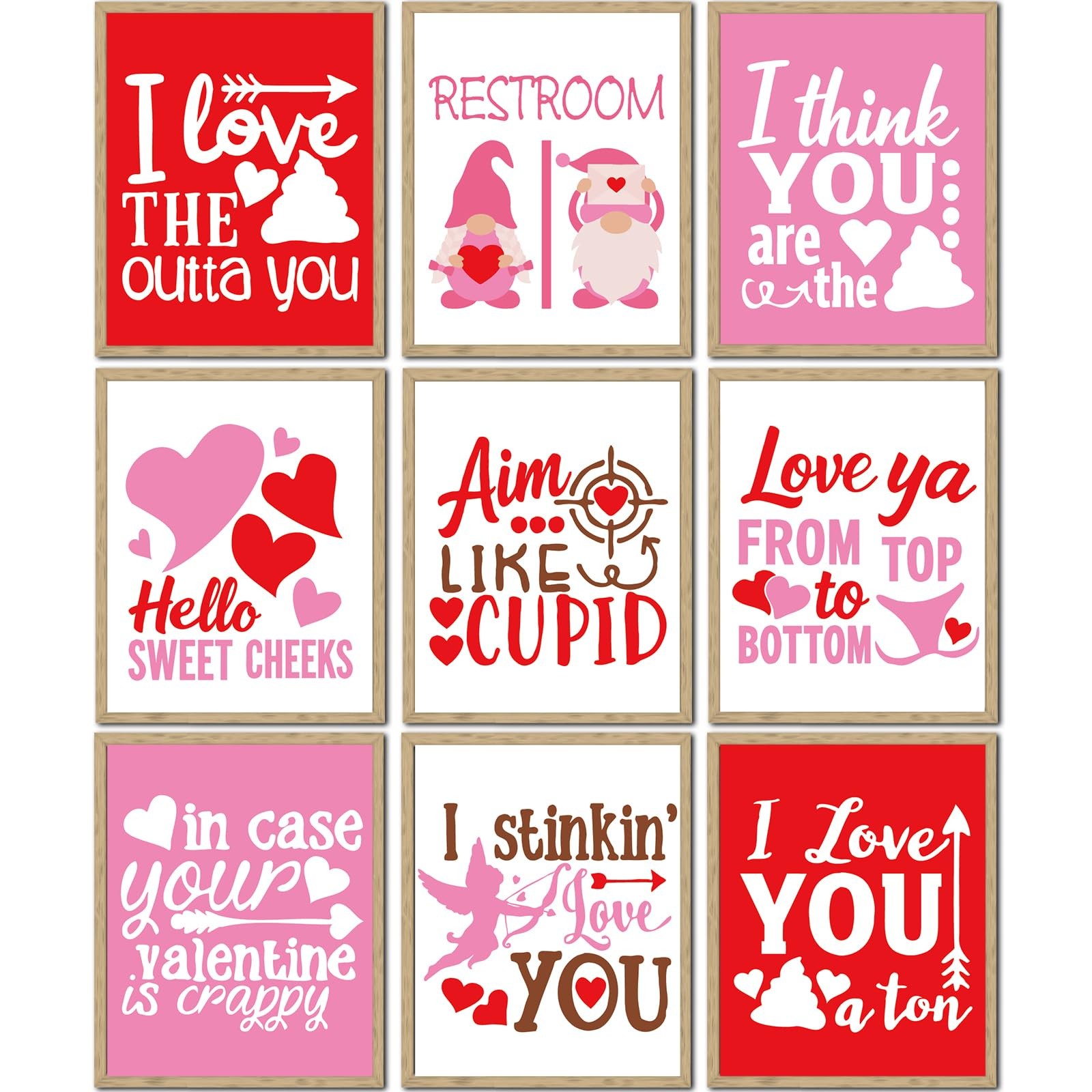 9Pcs Valentine's Day Wall Art Prints Bathroom Funny Wall Arts Decor Red Pink Hea