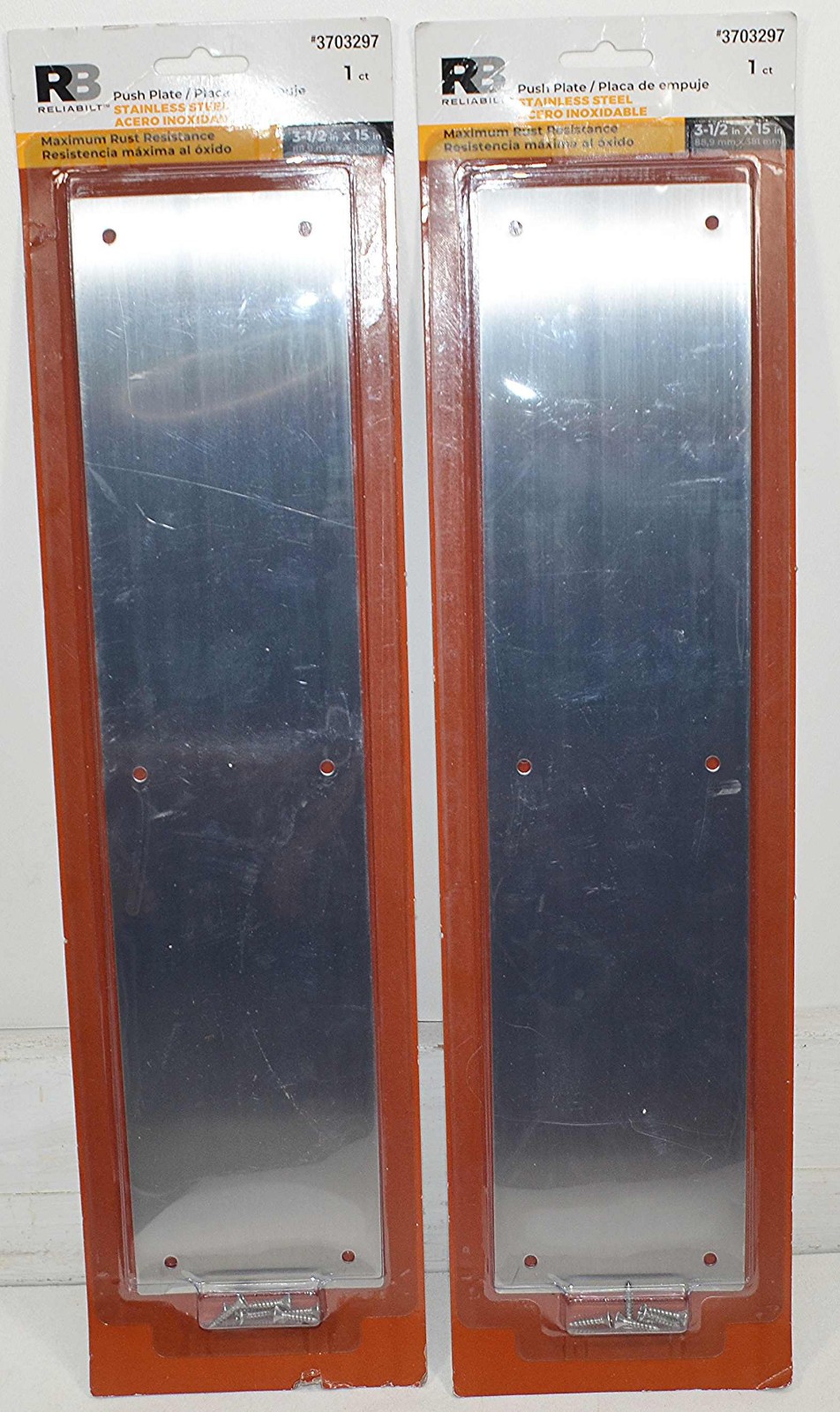 Two RB Reliabilt Door Push Plates Stainless Steel w/mounting screws - New/Sealed