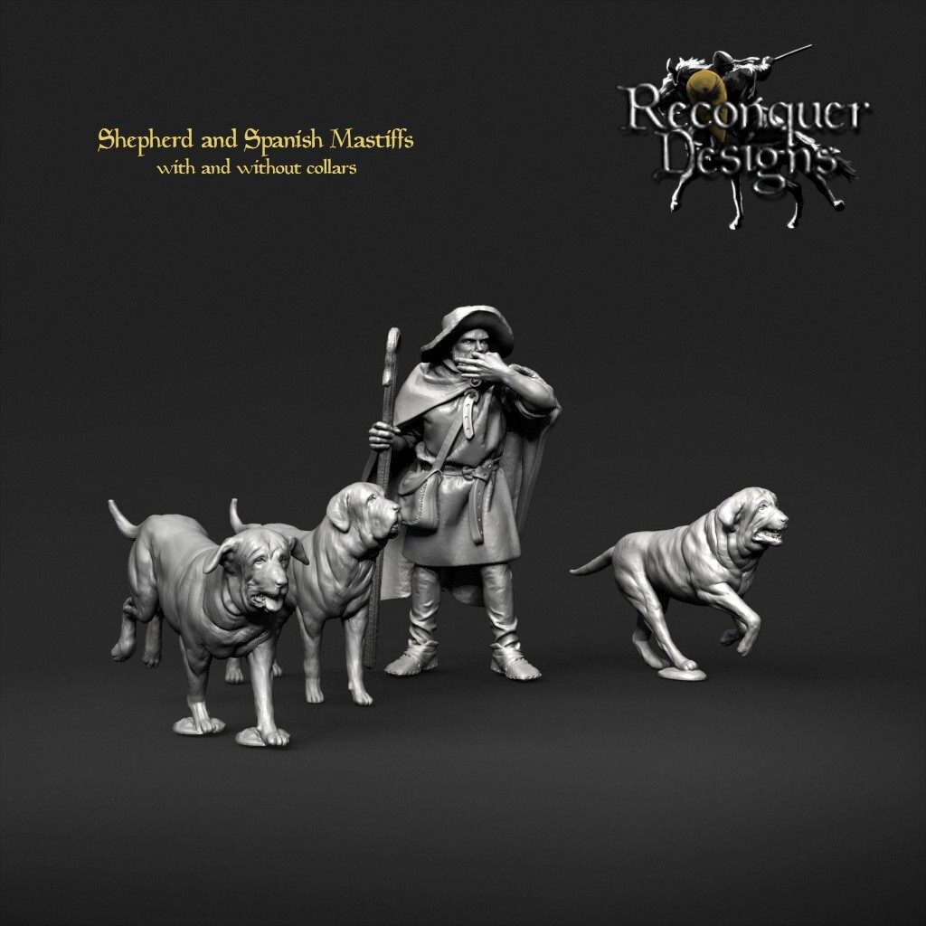 Reconquer Designs Miniatures Medieval Shepherd and Spanish Mastiffs DnD NPC 28mm