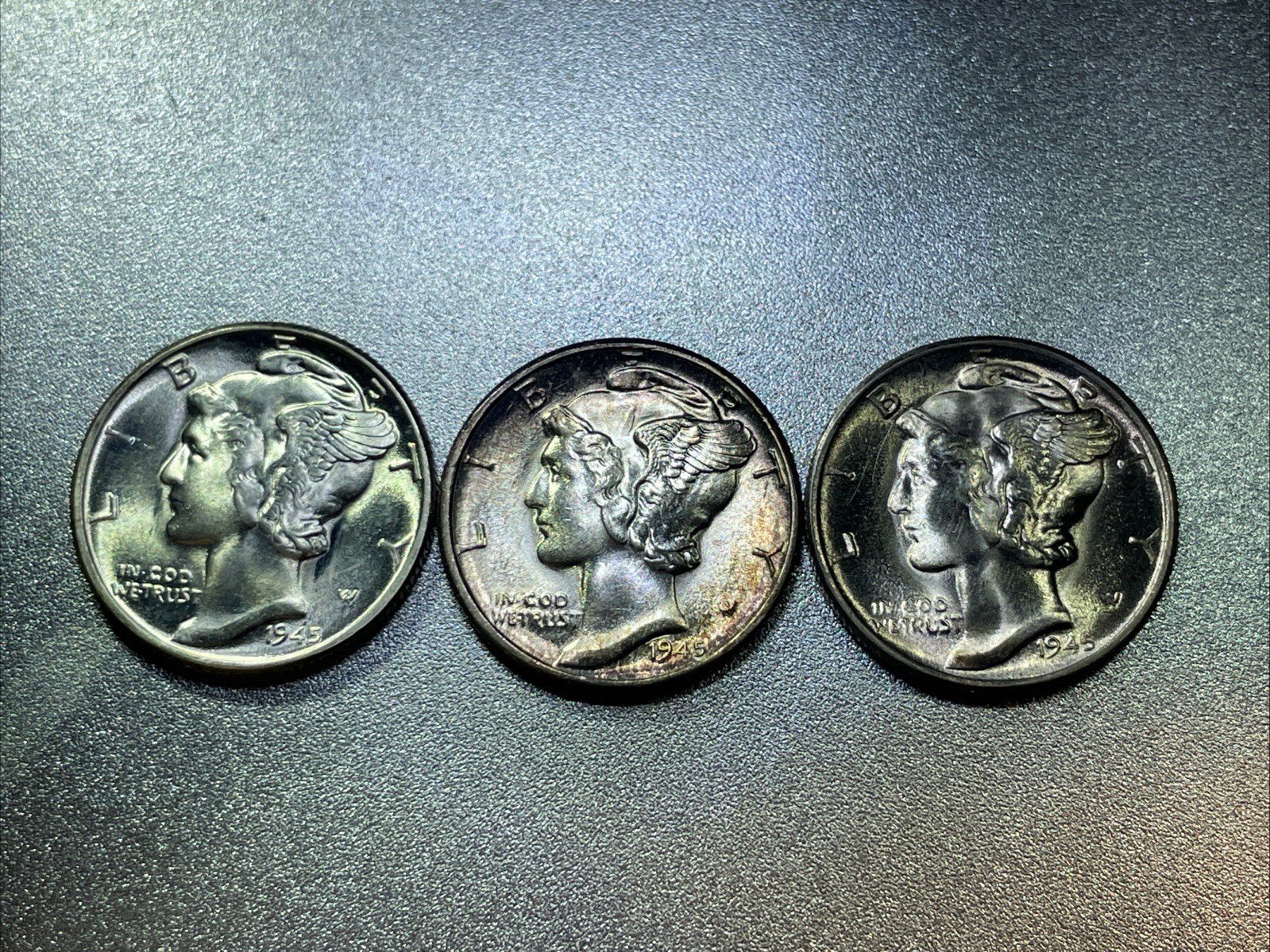 (3) 1945-P,D,S Mercury Silver Dimes, GEM BU