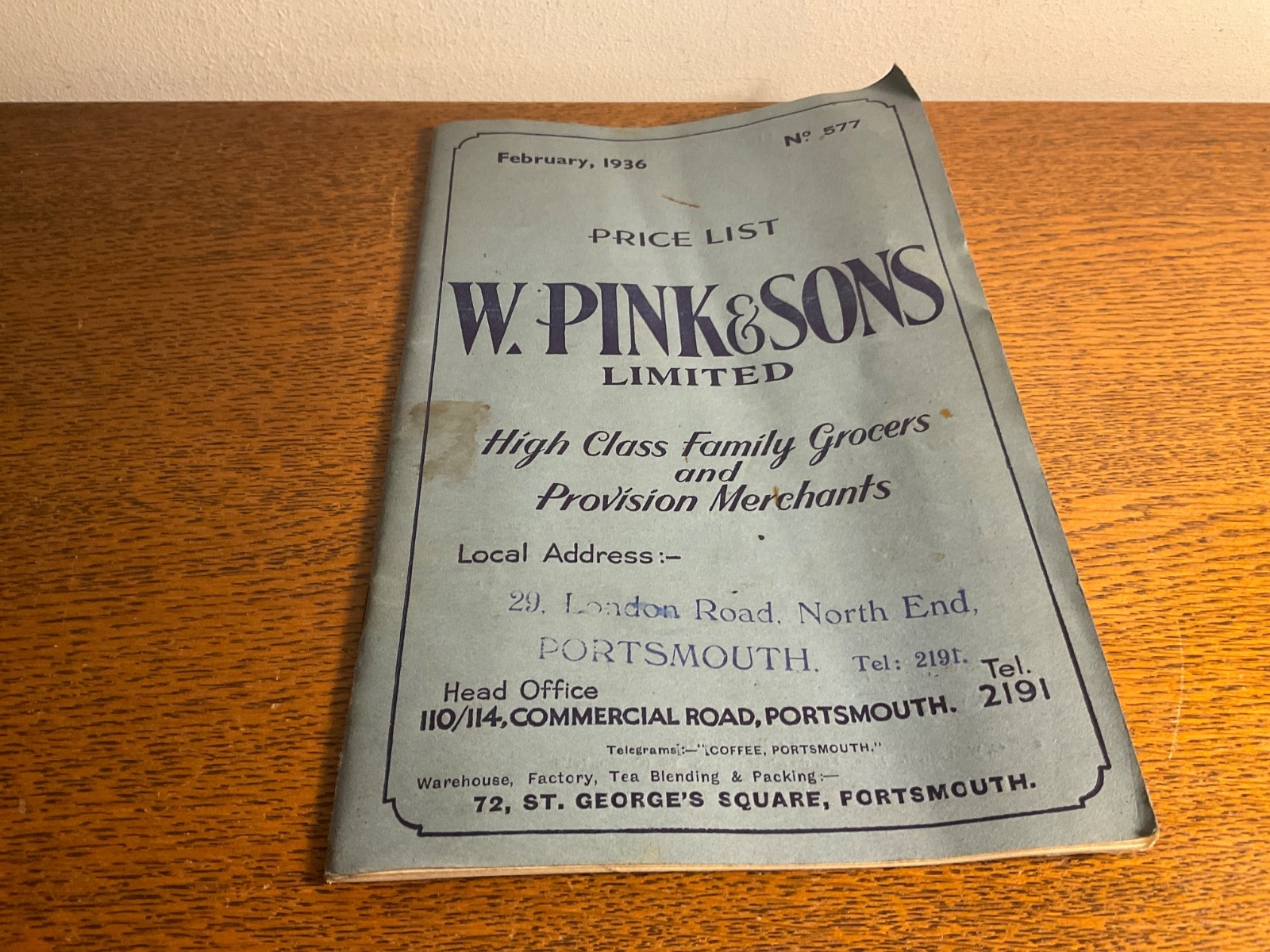 Vintage  1936 no577  price List for W .Pink & Sons Ltd 29 London Rd  Portsmouth.