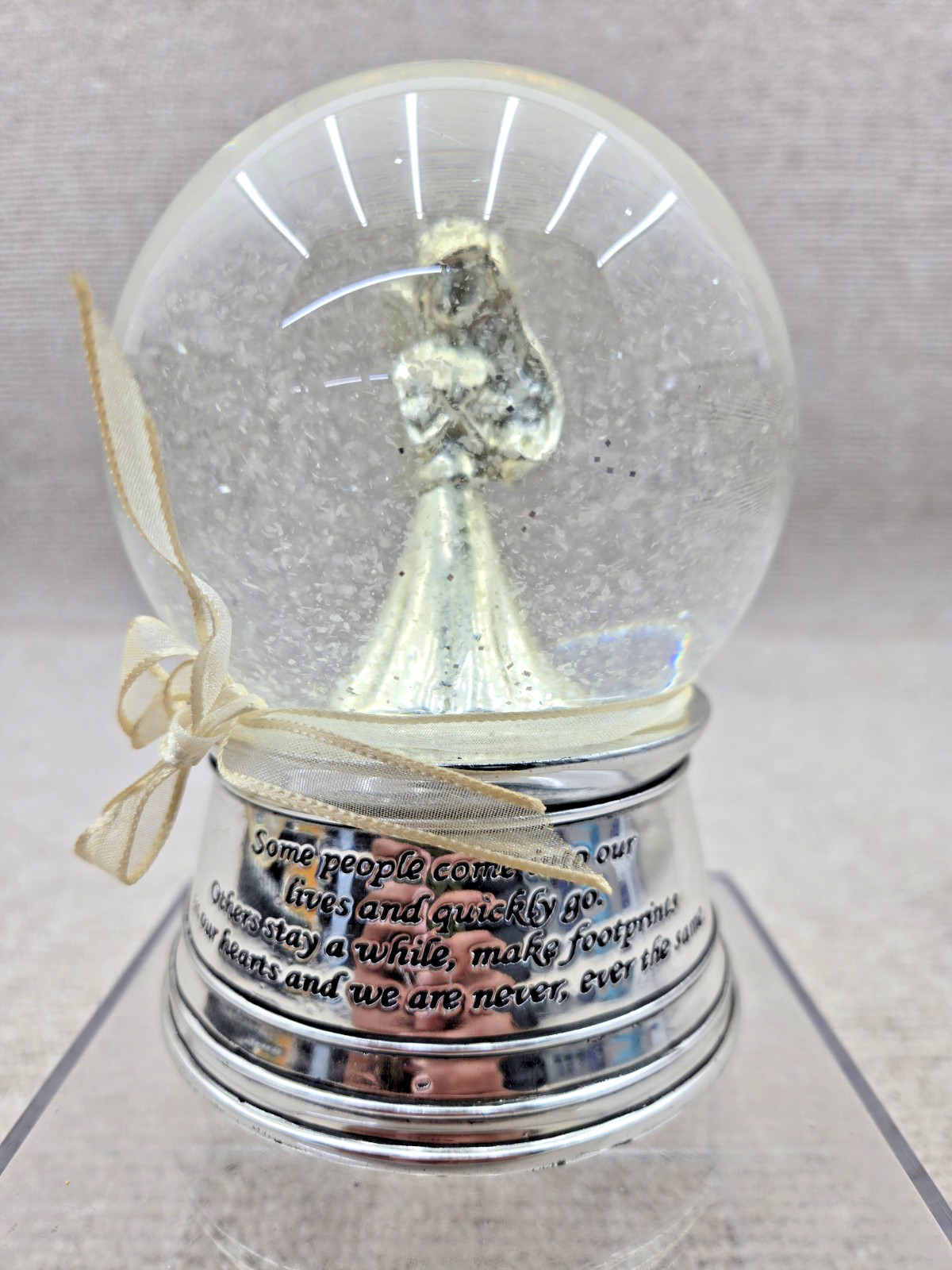 Angelic Reflections Silver Toned Angels Snowglobe - Musical w/ quote - WORKS
