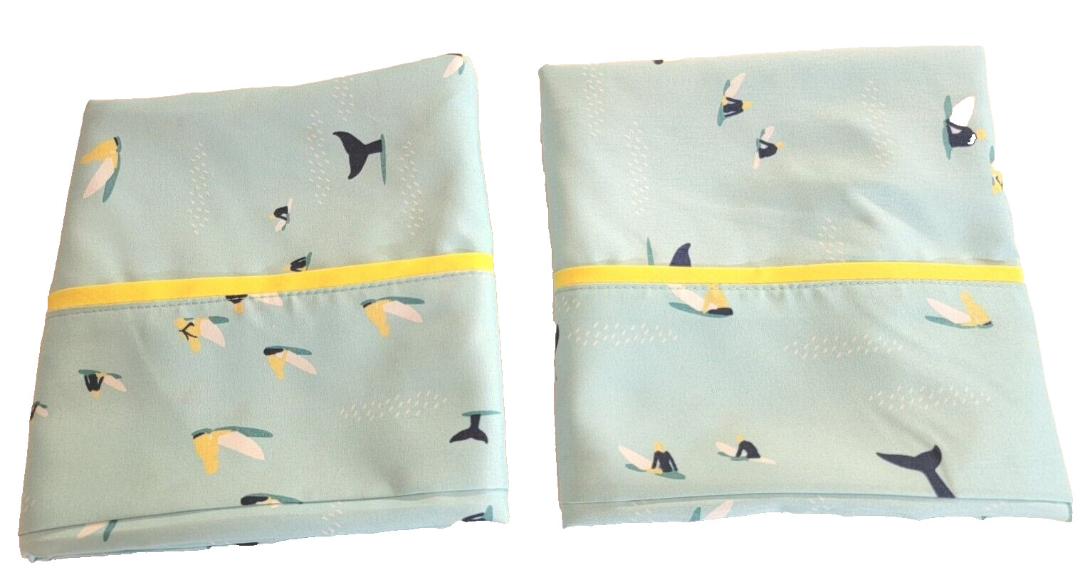 2 Custom Pillowcases Blue W/ Yellow   Surfer &fish Tails 20 x 28 standard only
