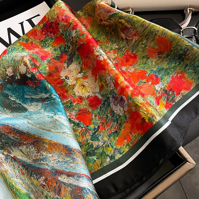 100% Silk 20'' Scarf Women Small Bandana Vintage Flower Oil Painting Neckerchief