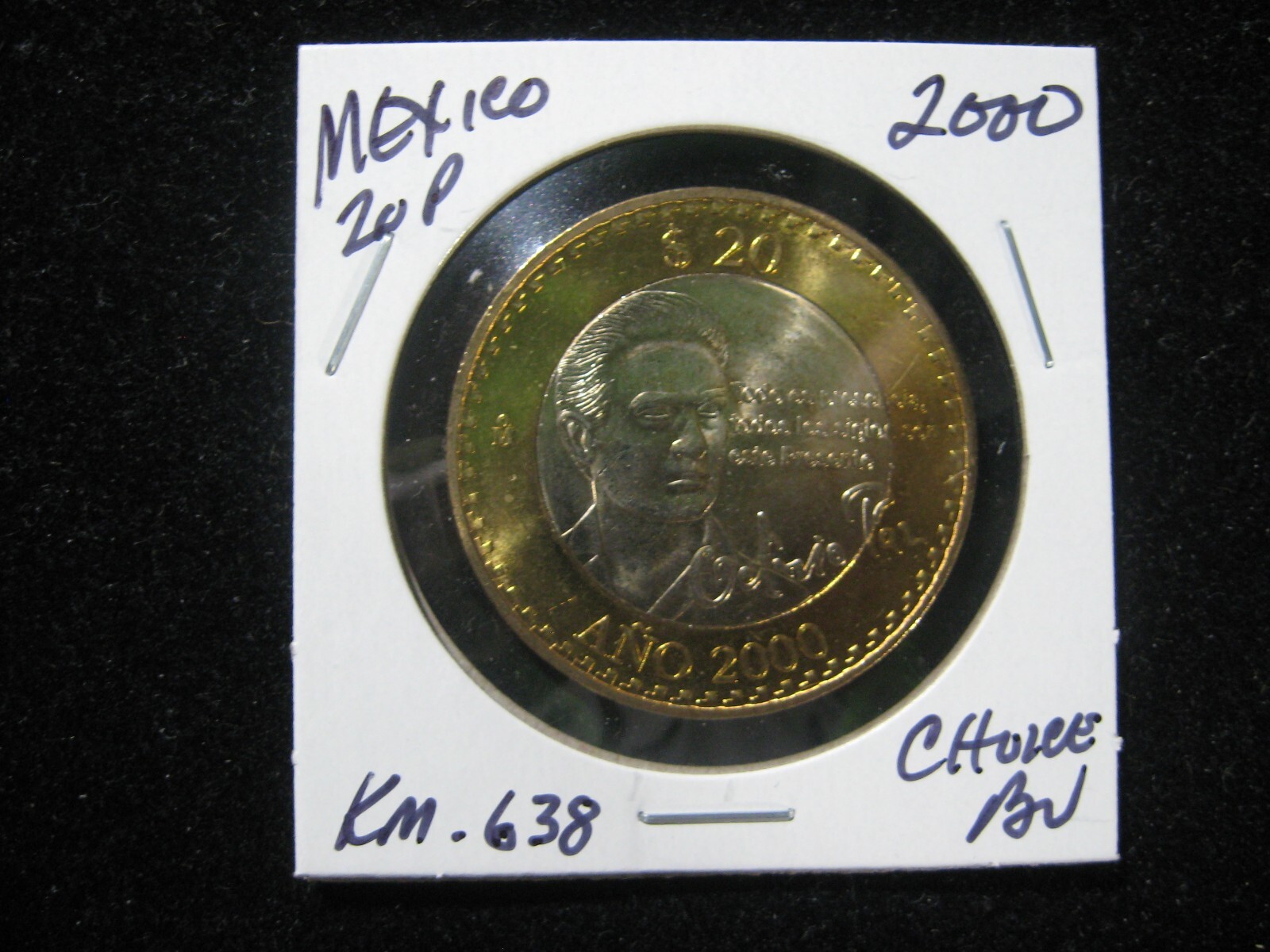 2000 MEXICO 20 PESOS OCTAVIO PAZ BI METALLIC CHOICE BU