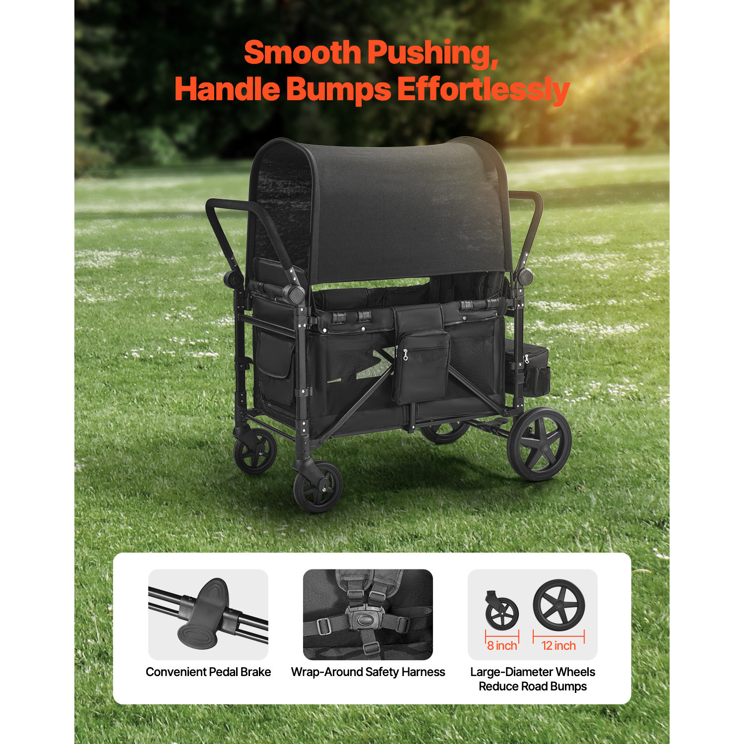 Wagon Stroller 4 seater Push Pull Quad Collapsible Stroller 330LBS with Canopy