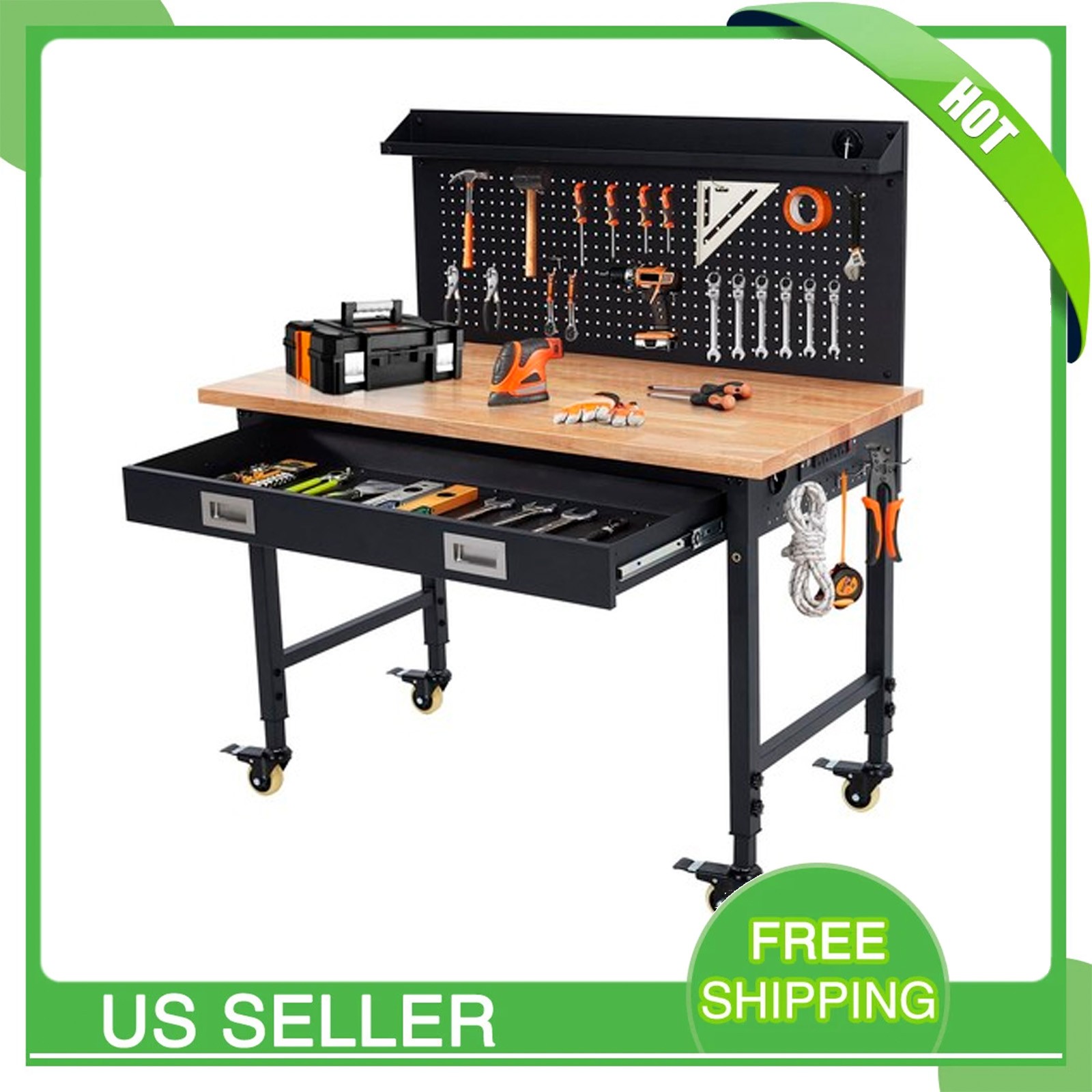 48'' Heavy Duty Adjustable Workbench with Drawers Pegboard 2000lbs Rolling Table